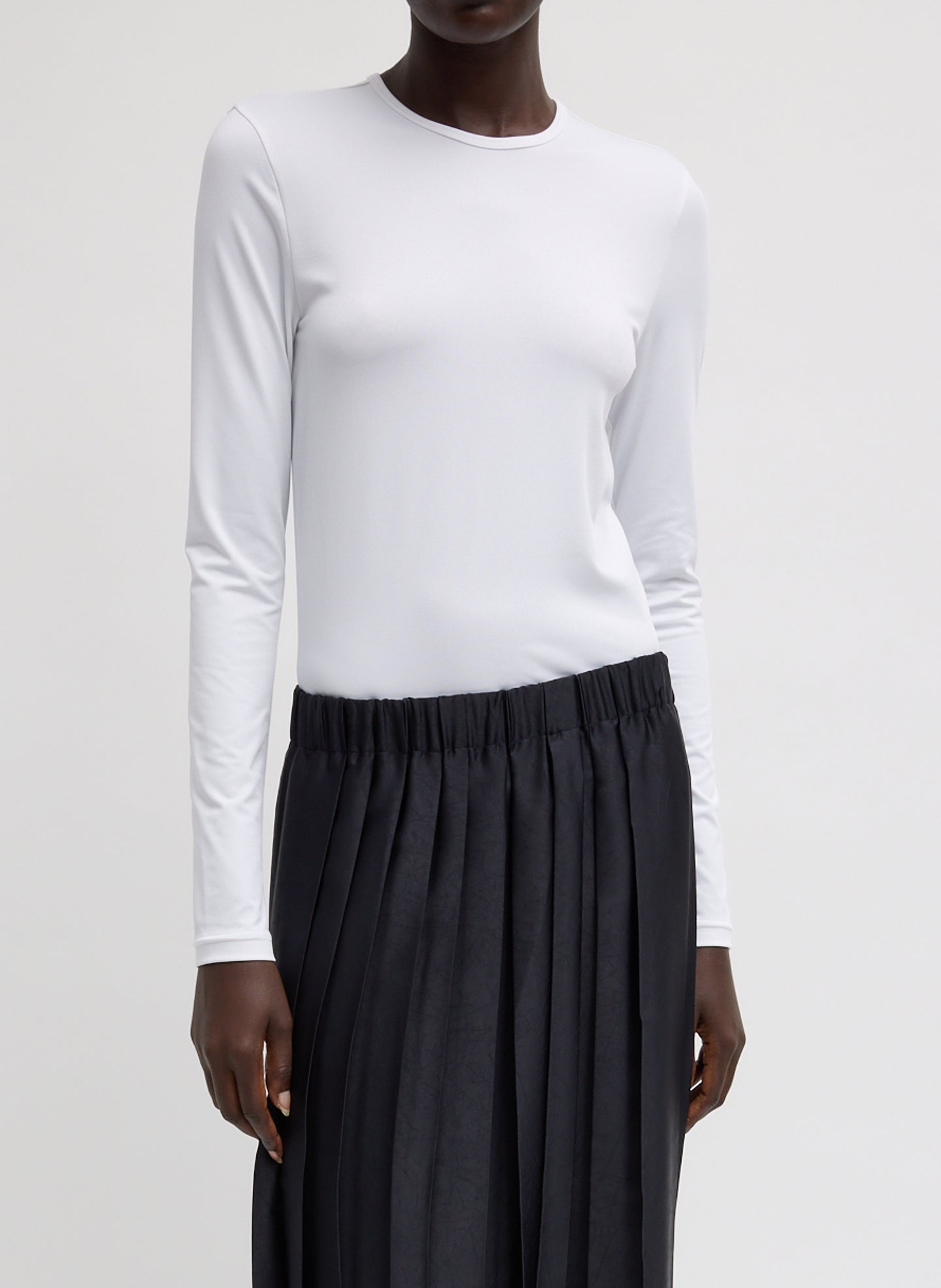 Stretch Light Weight Tech Knit Crewneck Pullover T-Shirt - White Stretch Light Weight Tech Knit Pullover - long sleeve t-shirt, front view on model