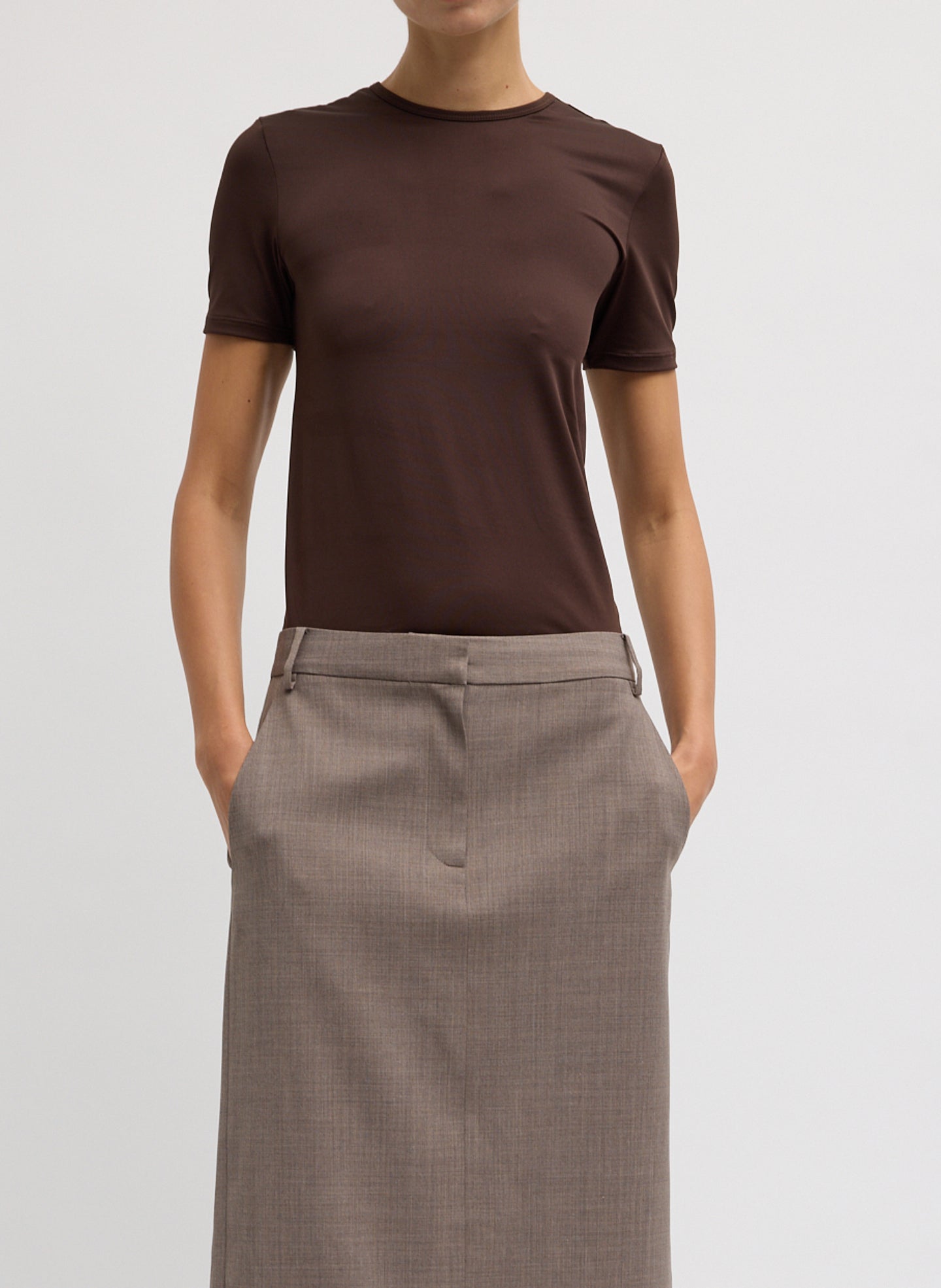 Stretch Light Weight Tech Knit Short Sleeve T-Shirt - Hickory Brown Stretch Light Weight Tech Knit Short Sleeve T-Shirt - front view on model