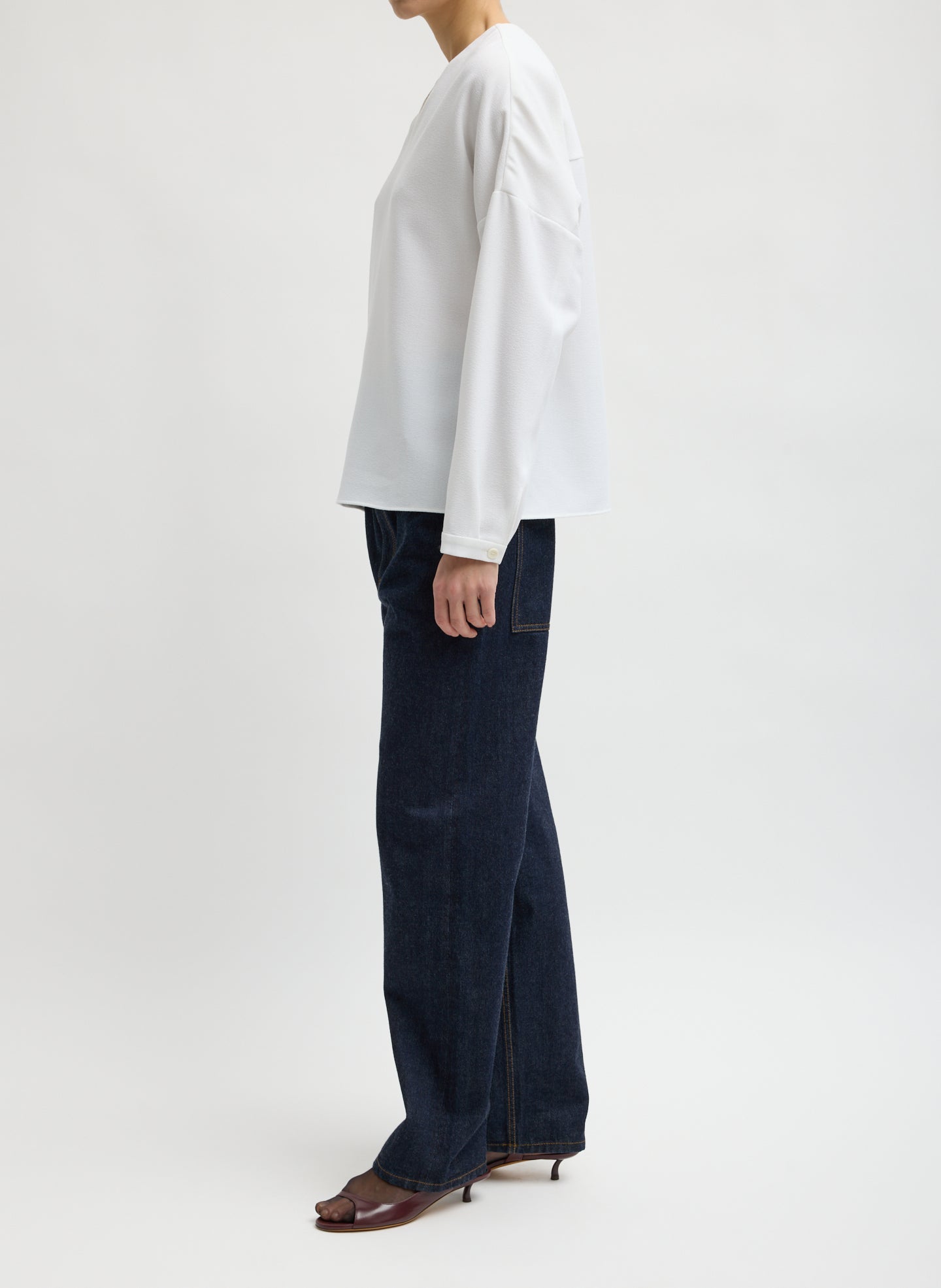 Dark Denim Selvage Denim 5 Pocket Alec Jean - full look, side view on model