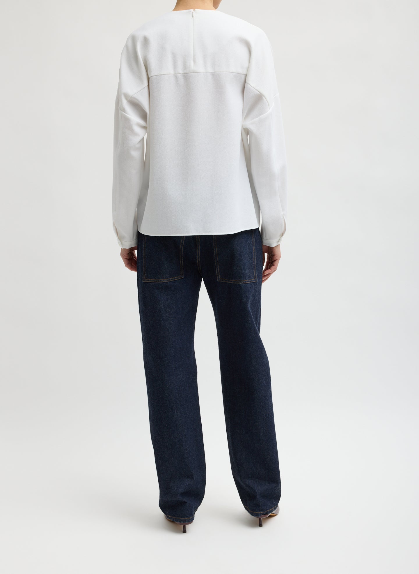Dark Denim Selvage Denim 5 Pocket Alec Jean - full look, back view on model