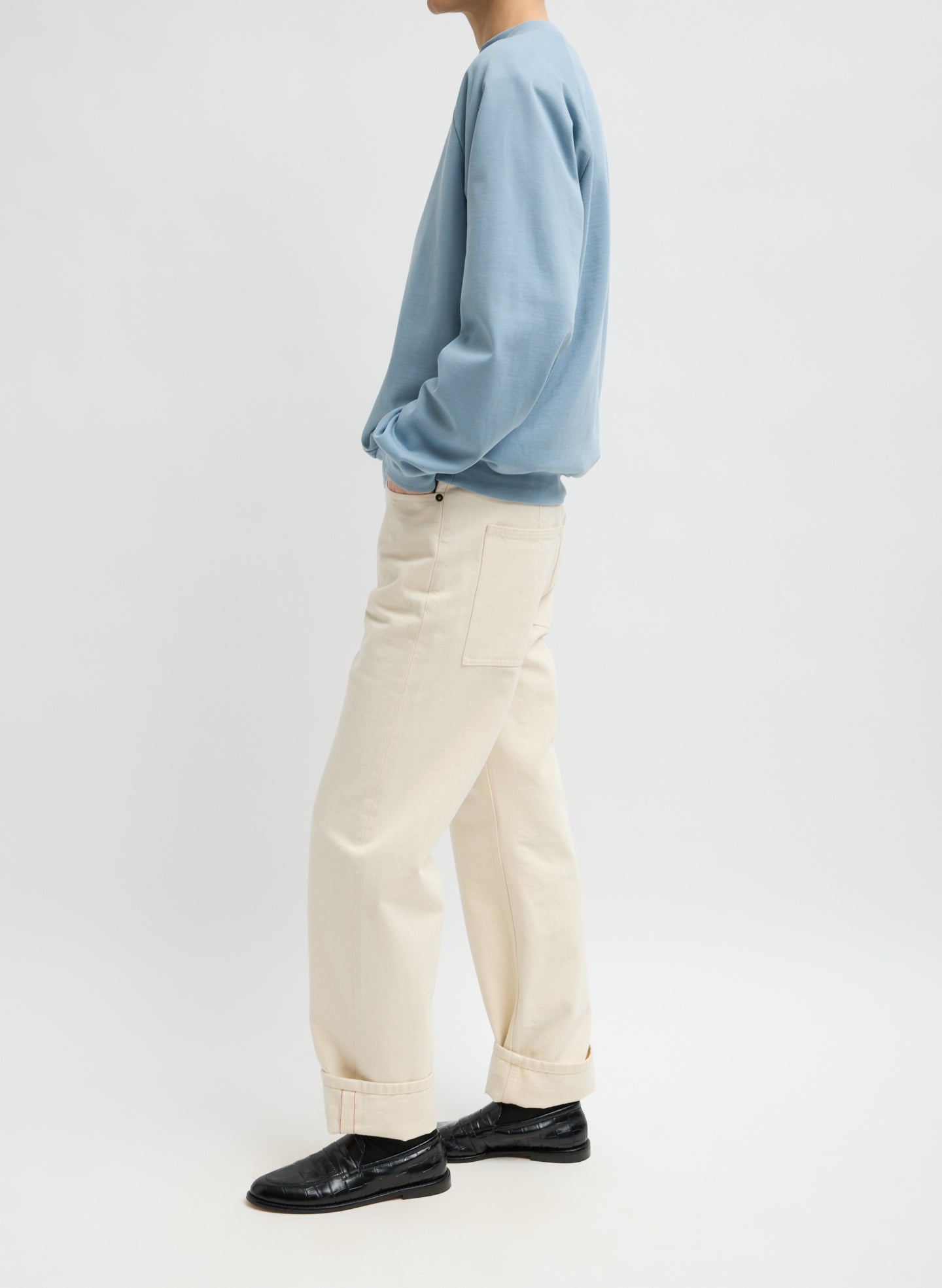 Natural Selvage Denim 5 Pocket Alec Jean - straight leg, side view on model