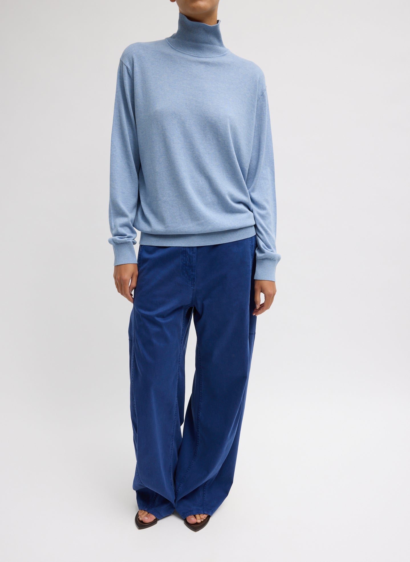 Blue Melange Super Fine Gauge Turtleneck - full look, front view on model