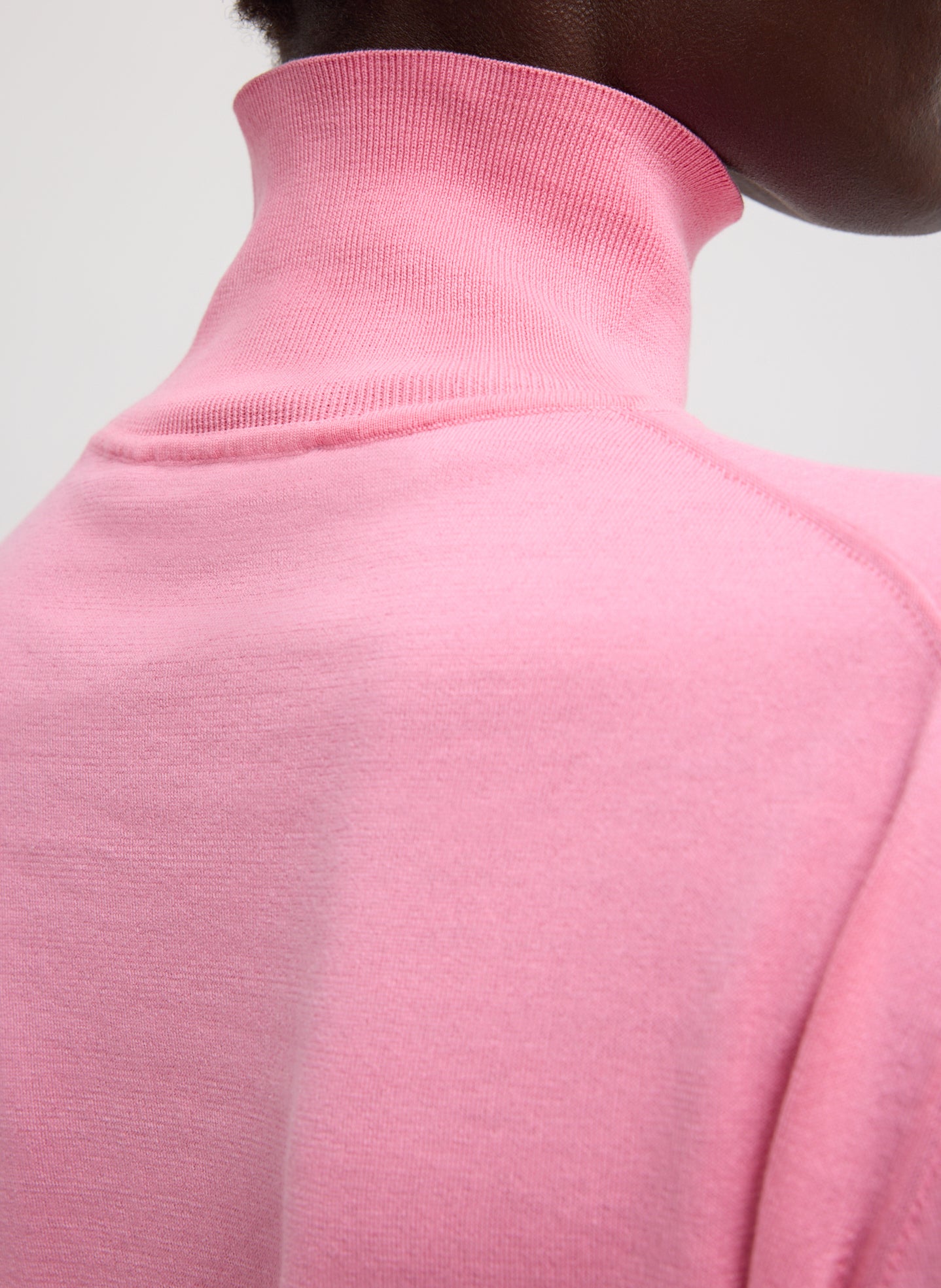 Bubble Gum Pink Super Fine Gauge Turtleneck - closeup of ribbed turtleneck
