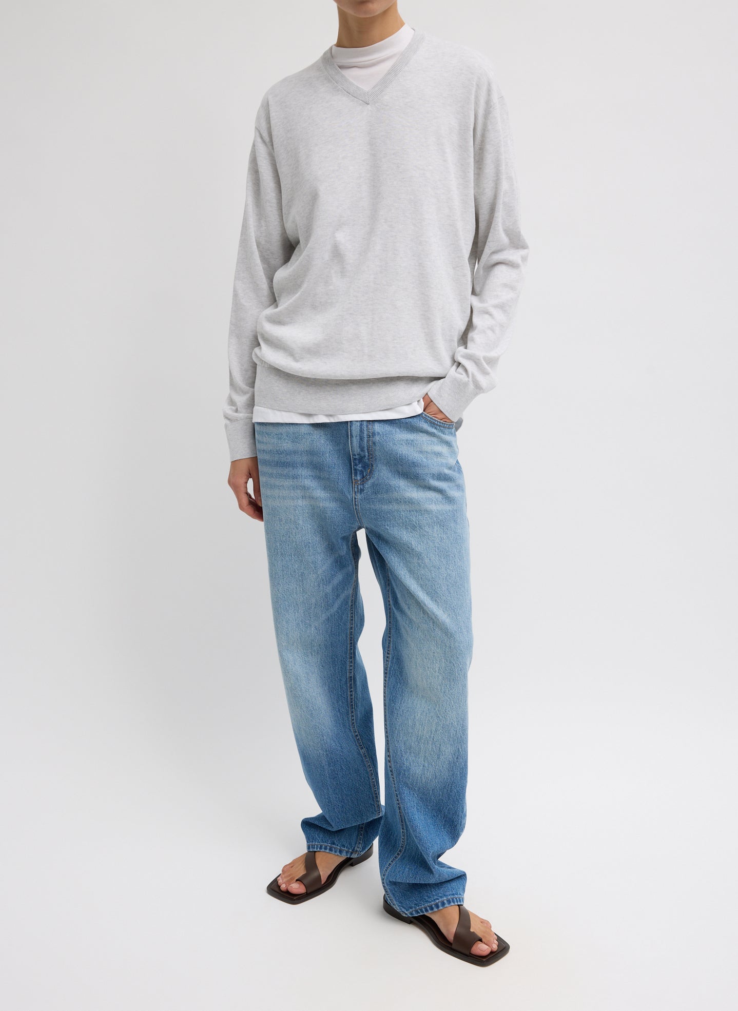 Light Heather Grey Super Fine Gauge V-Neck - full look, front view on model