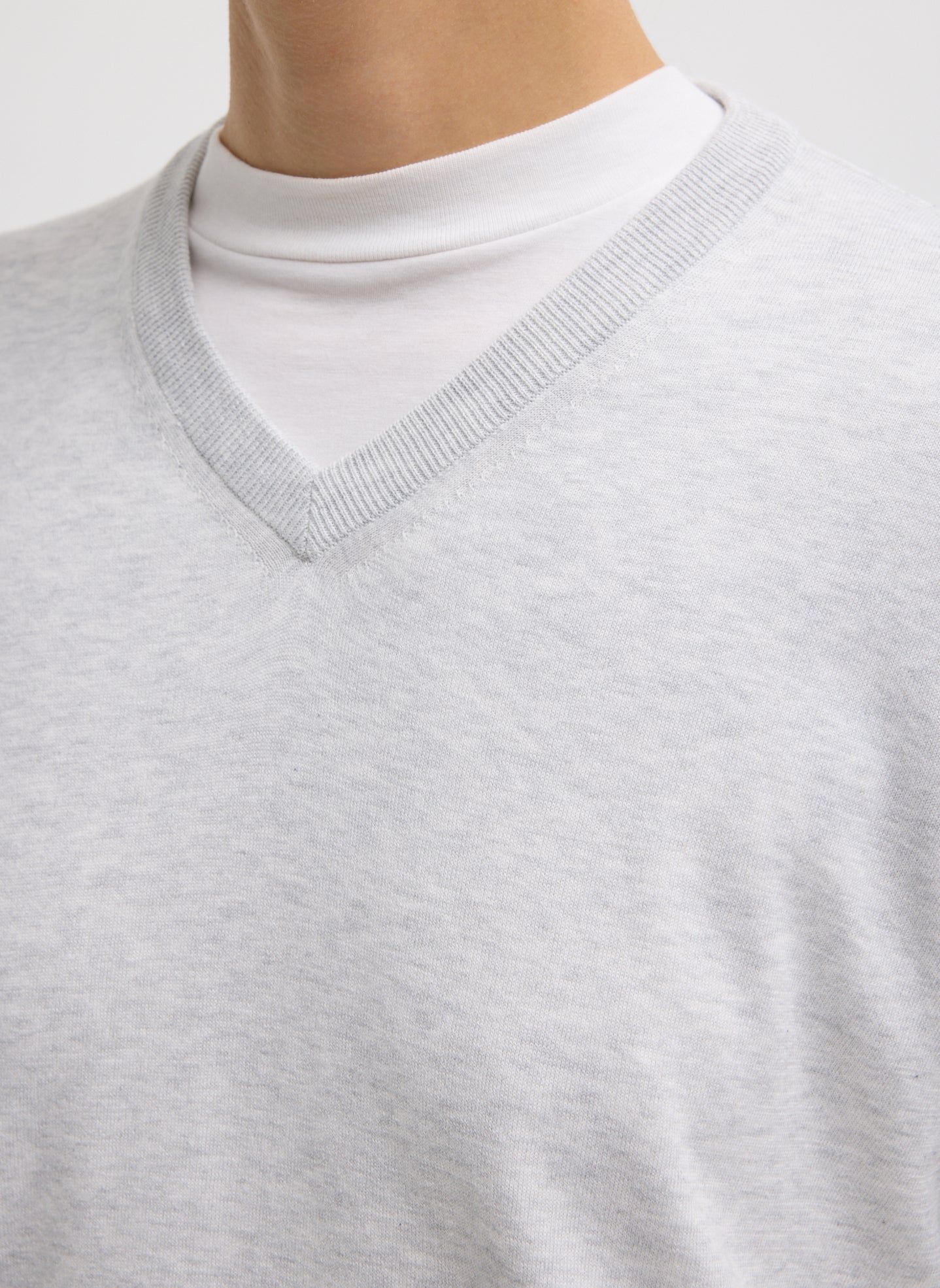 Light Heather Grey Super Fine Gauge V-Neck - closeup of v-neck neckline