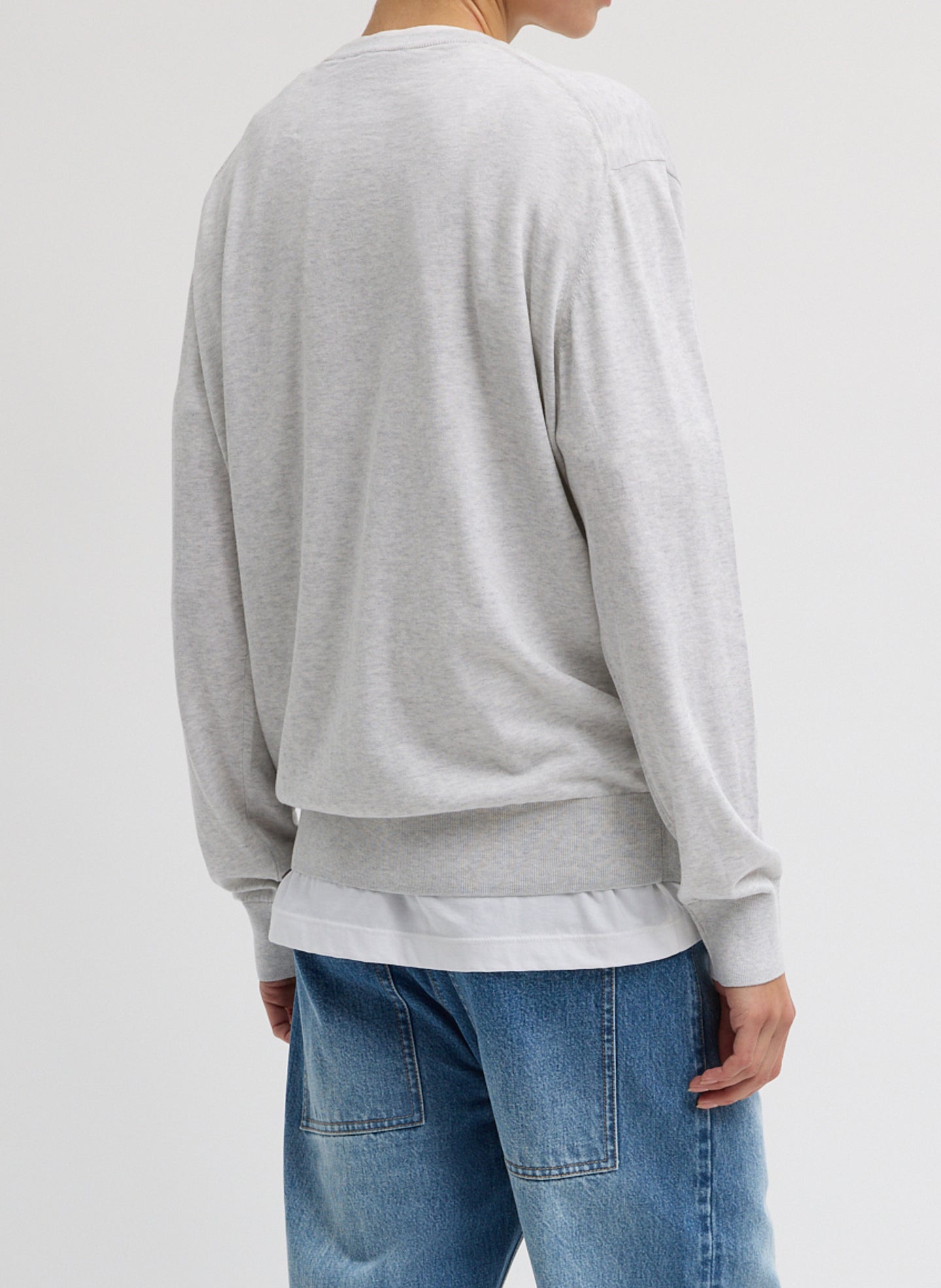 Light Heather Grey Super Fine Gauge V-Neck - thin v-neck top, back view on model