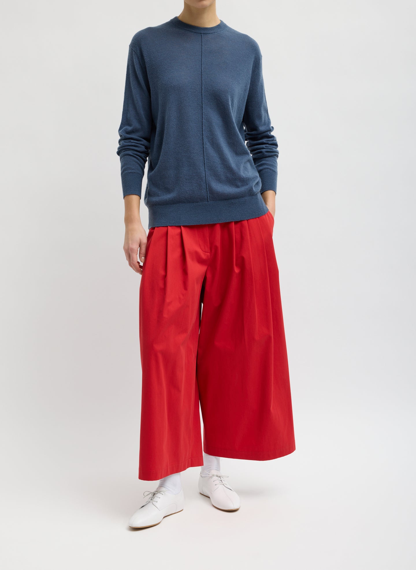 Blue Fog Skinlike Mercerized Wool Crewneck Pullover - full look, front view on model
