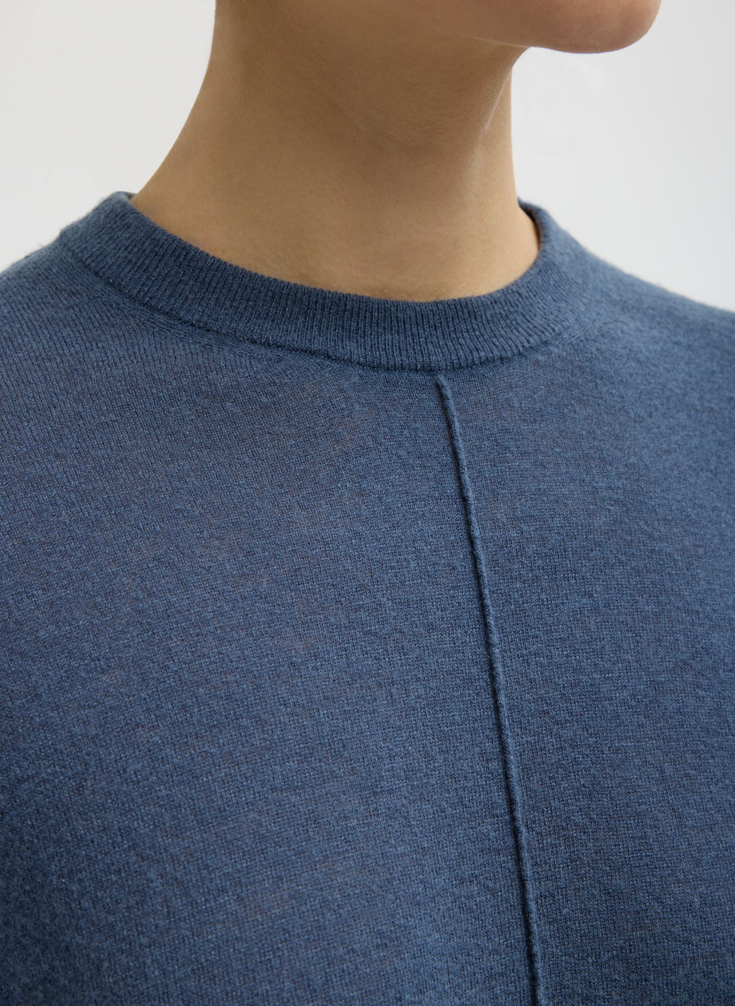 Blue Fog Skinlike Mercerized Wool Crewneck Pullover - closeup of neckline