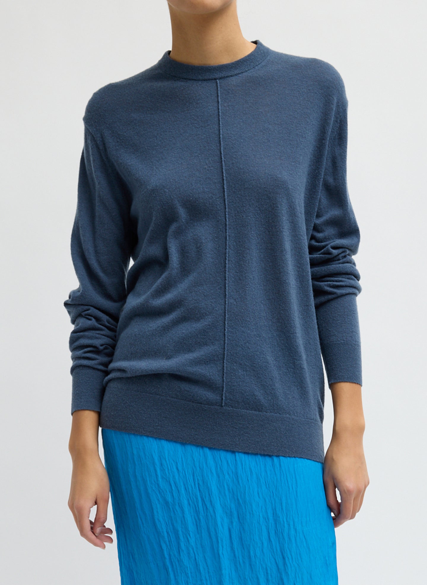 Blue Fog Skinlike Mercerized Wool Crewneck Pullover - sweater, front view on model