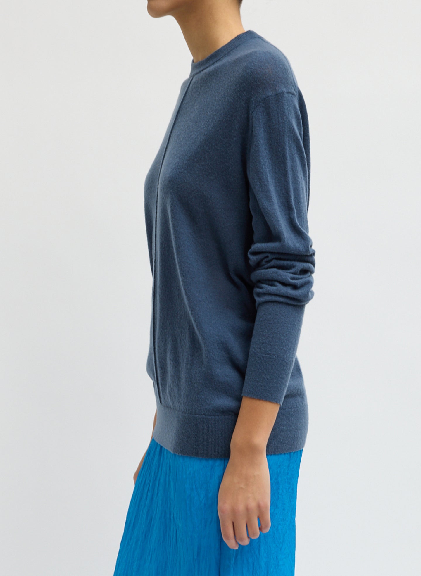 Blue Fog Skinlike Mercerized Wool Crewneck Pullover - sweater, side view on model