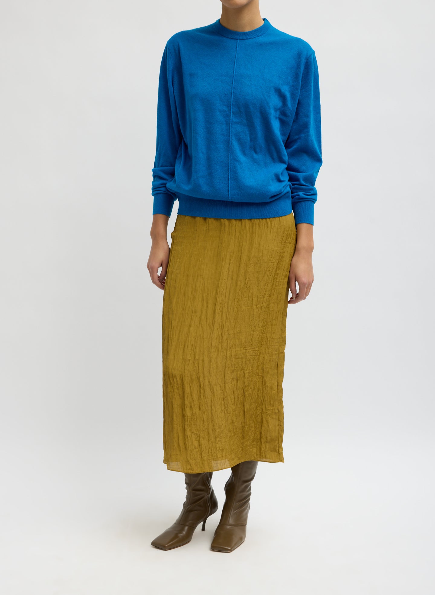 Bright Blue Skinlike Mercerized Wool Crewneck Pullover - full look, front view on model