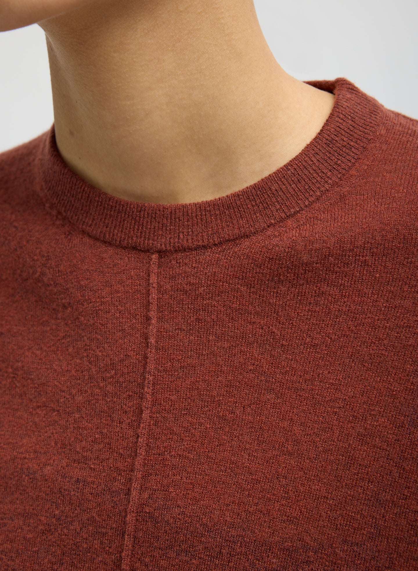 Red Clay Skinlike Mercerized Wool Crewneck Pullover - closeup of neckline