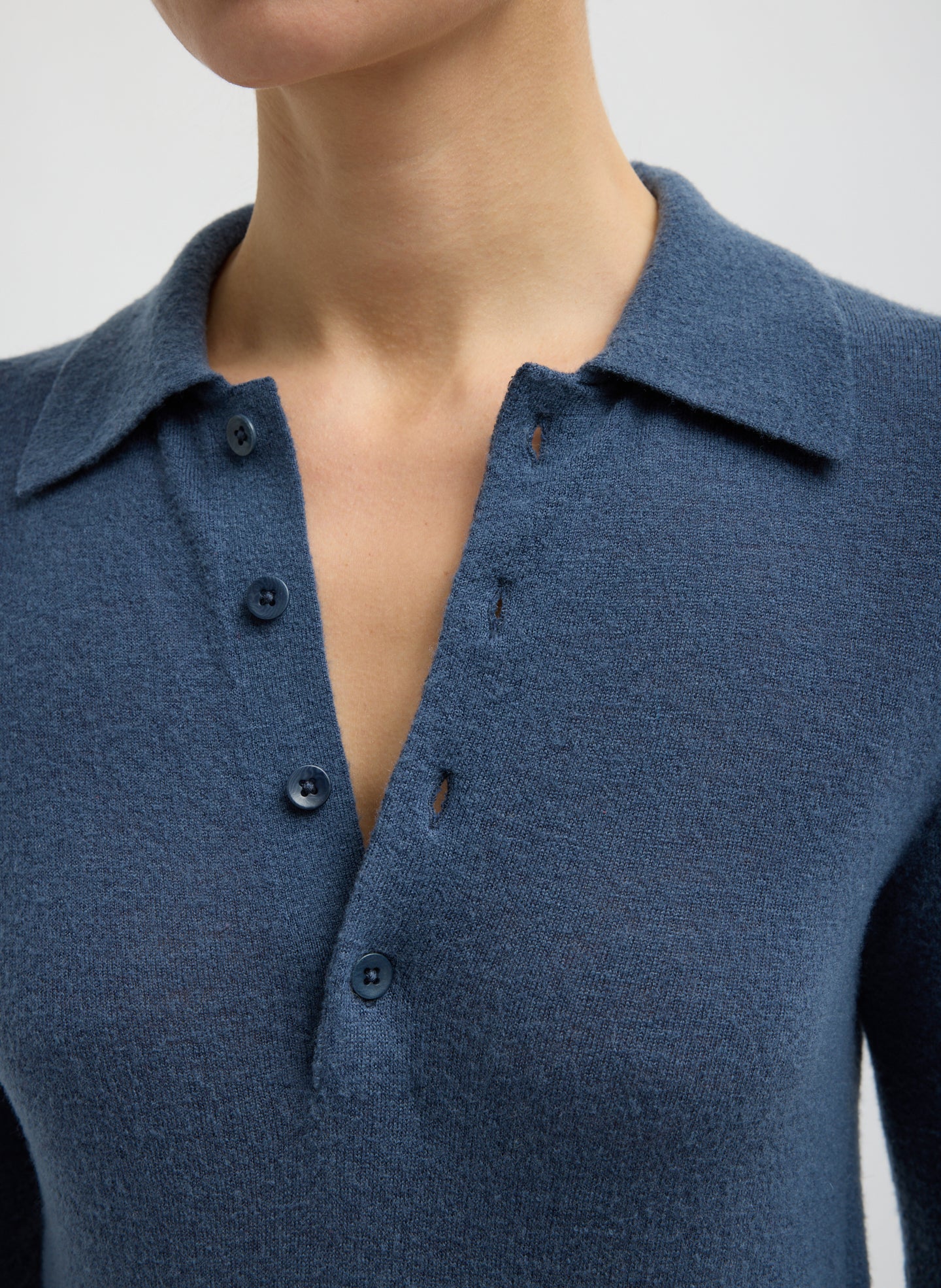 Blue Fog Skinlike Mercerized Wool Soft Sheer Polo - closeup of collar