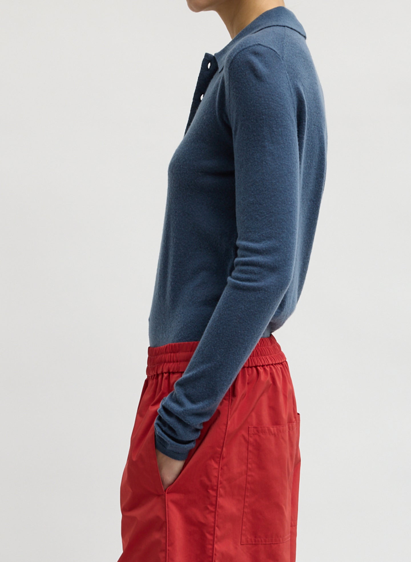 Blue Fog Skinlike Mercerized Wool Soft Sheer Polo - long sleeve polo, side view on model