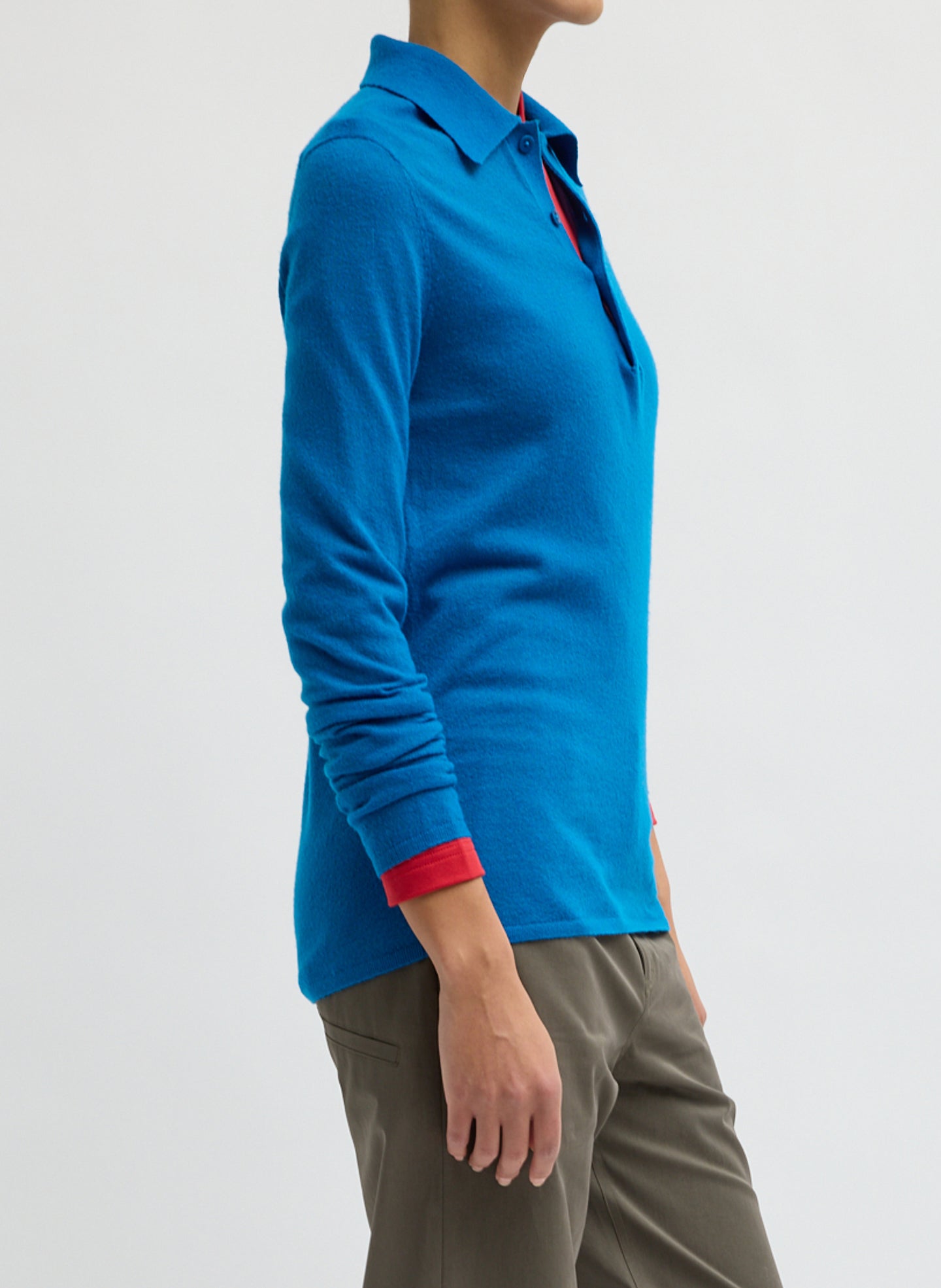 Bright Blue Skinlike Mercerized Wool Soft Sheer Polo - long sleeve polo, side view on model