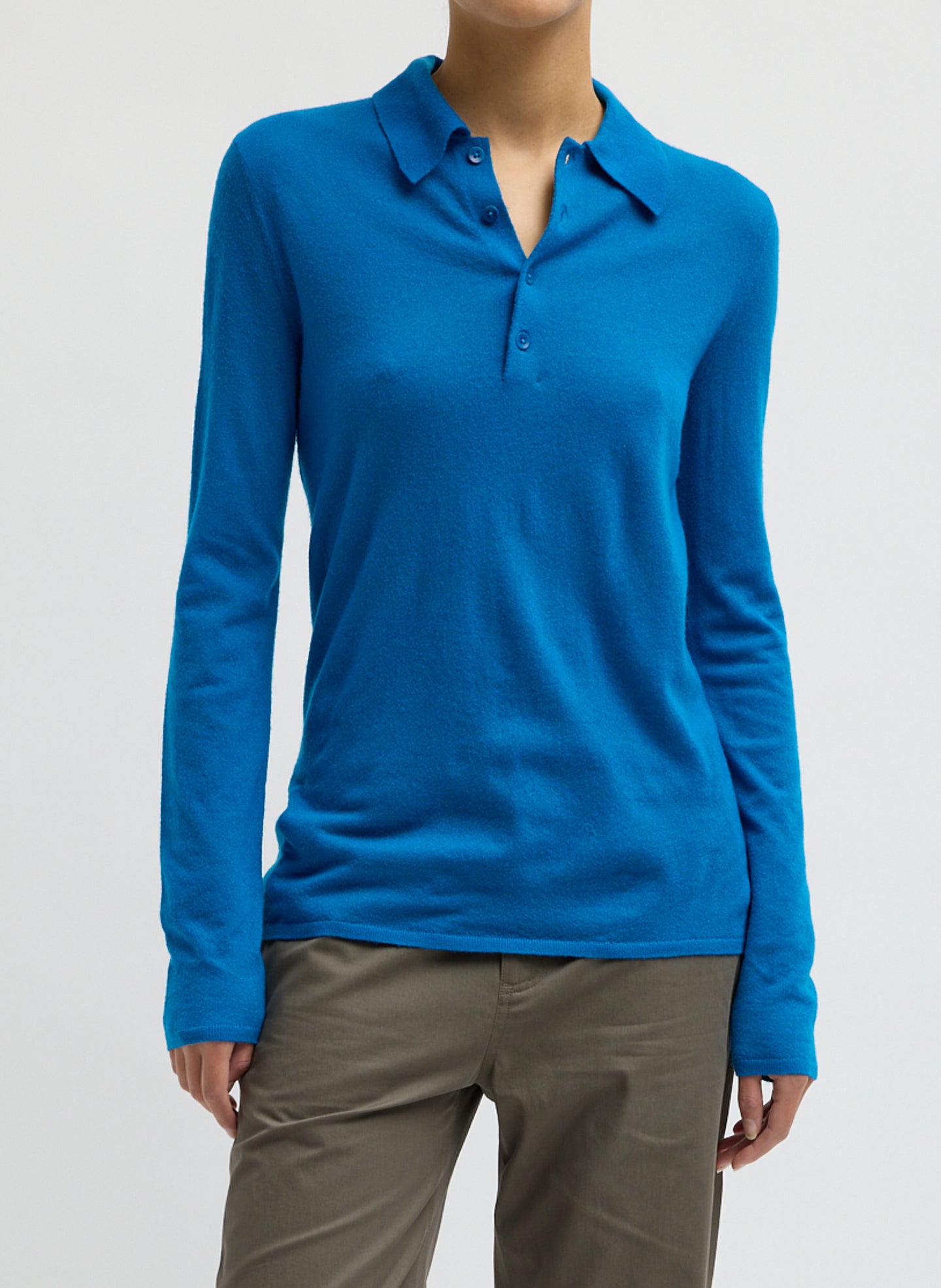 Bright Blue Skinlike Mercerized Wool Soft Sheer Polo - long sleeve polo, front view on model