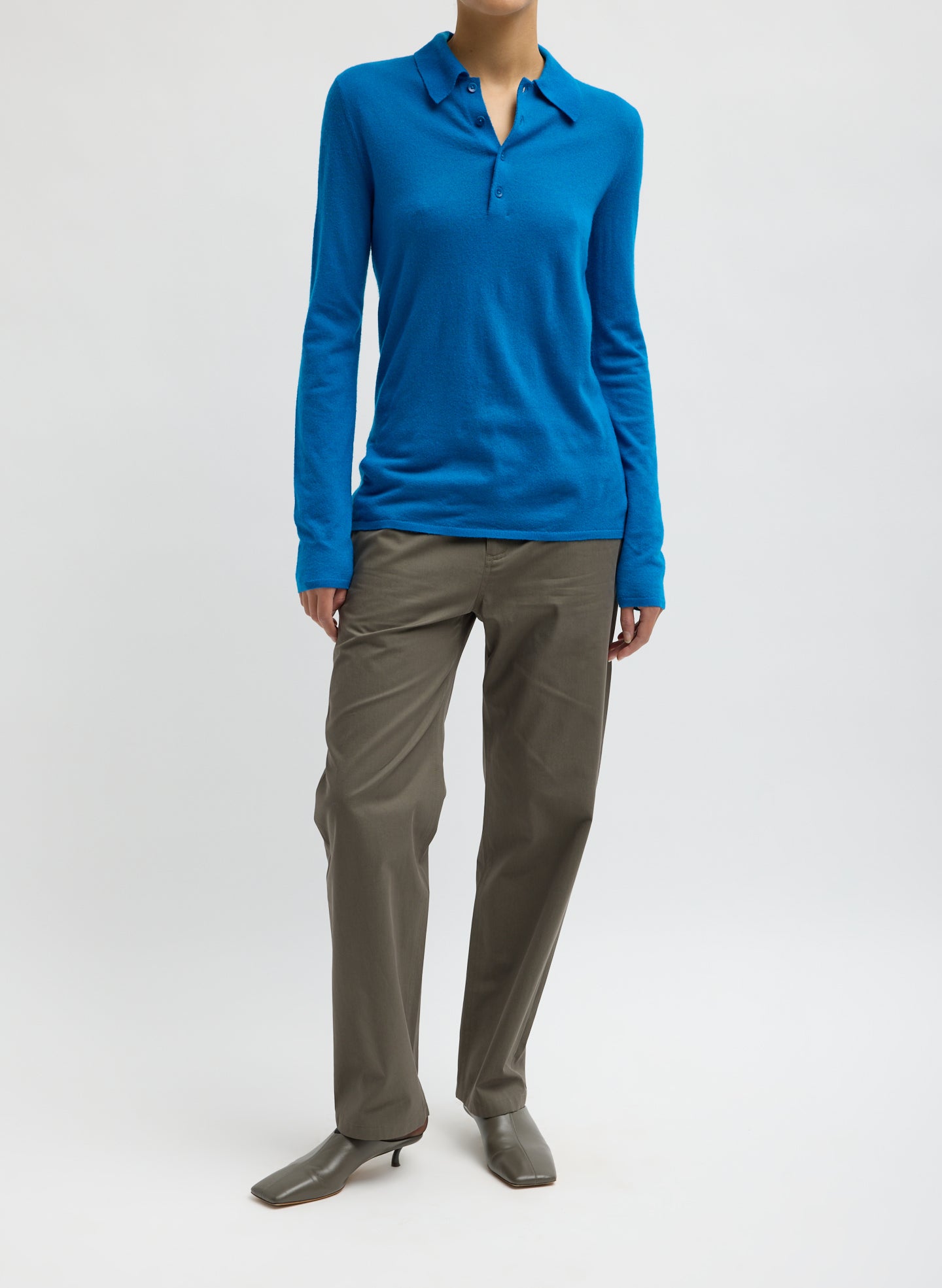 Bright Blue Skinlike Mercerized Wool Soft Sheer Polo - full look, front view on model