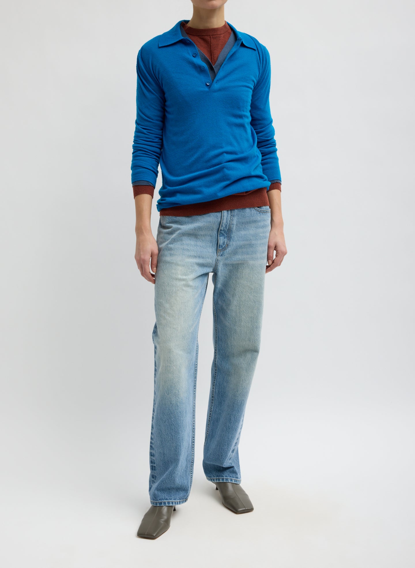 Bright Blue Skinlike Mercerized Wool Soft Sheer Polo - full look, front view on model