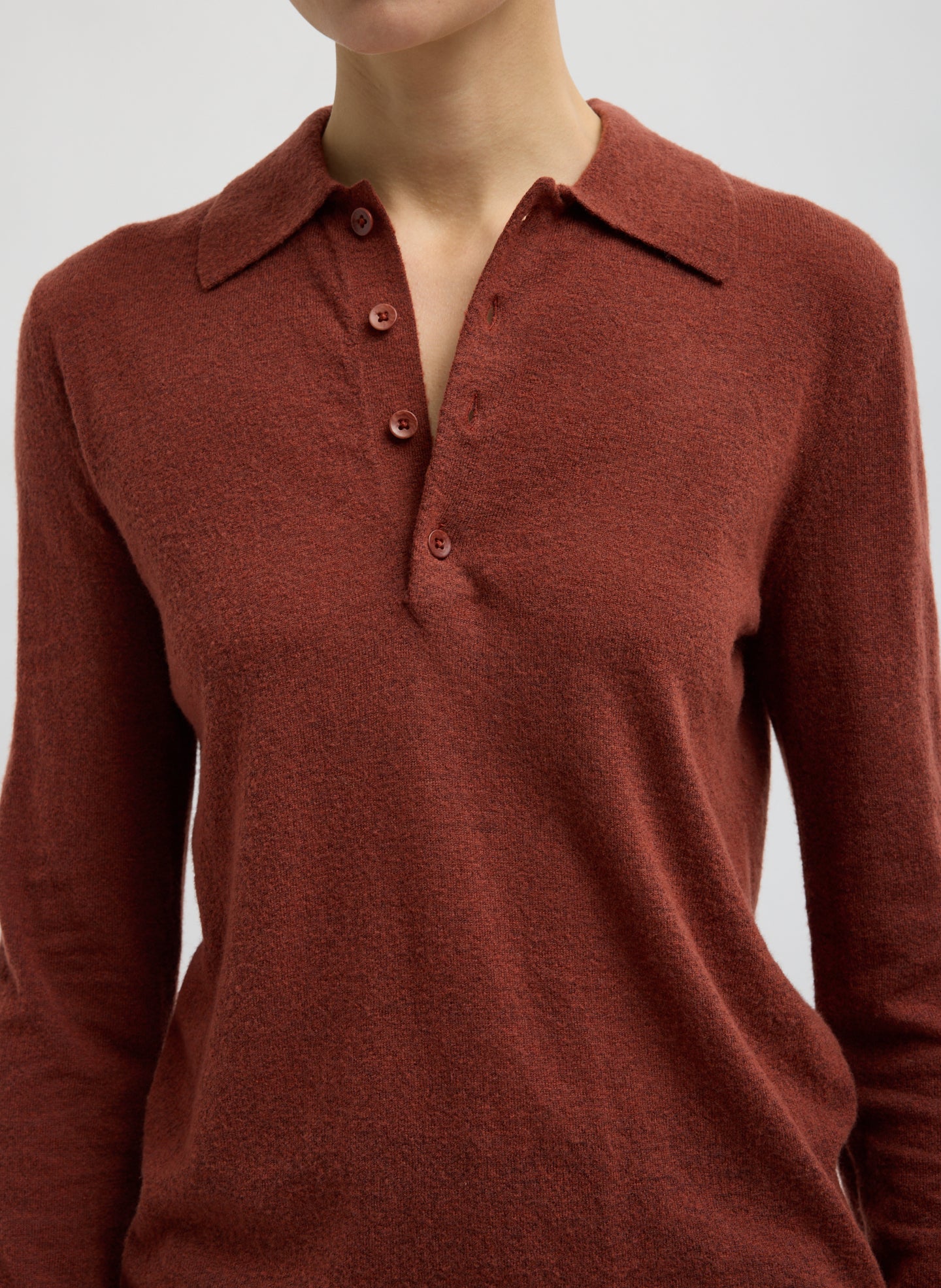 Red Clay Skinlike Mercerized Wool Soft Sheer Polo - closeup of neckline