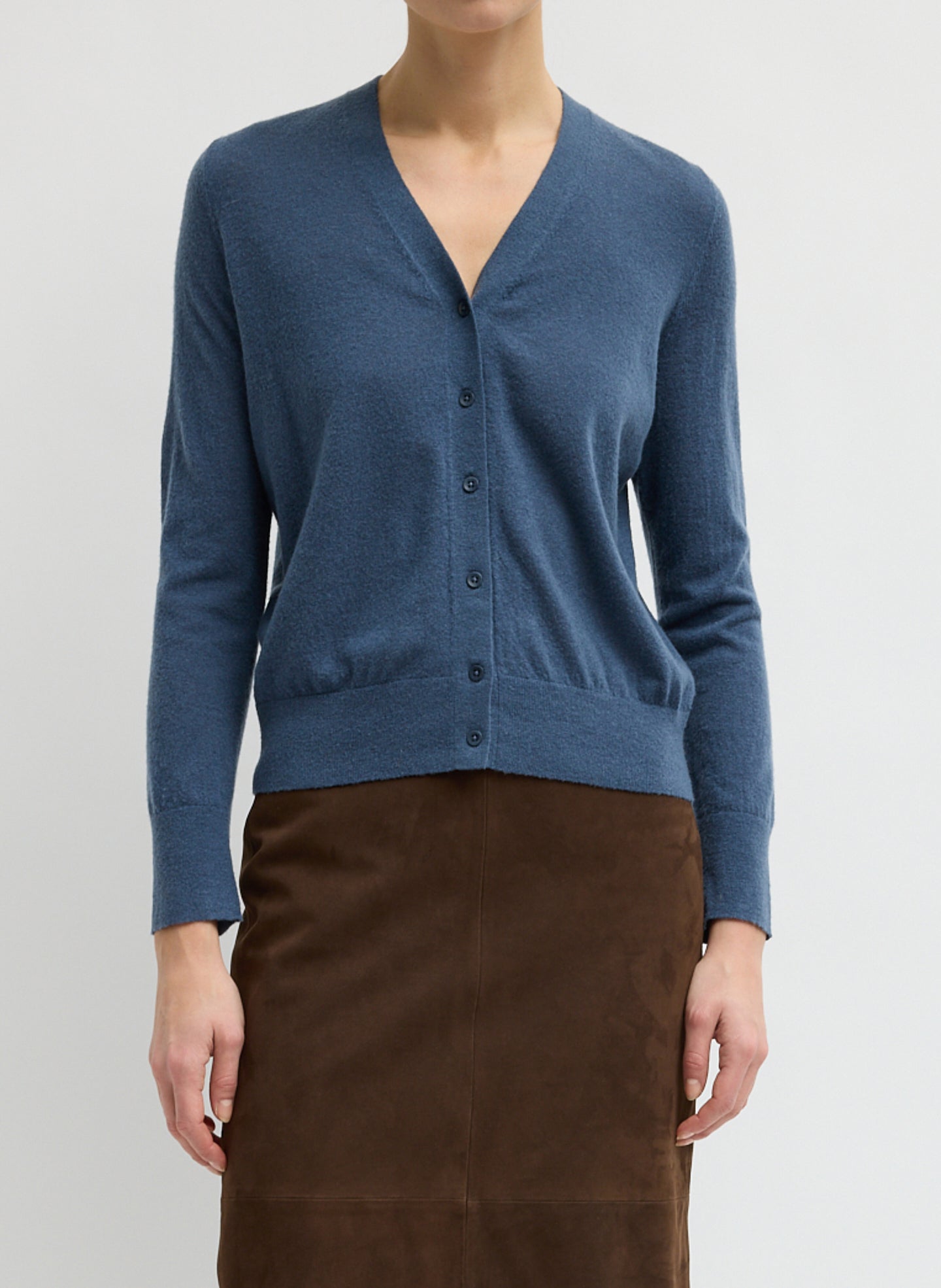 Blue Fog Skinlike Mercerized Wool V-Neck Shrunken Cardigan - front view on model