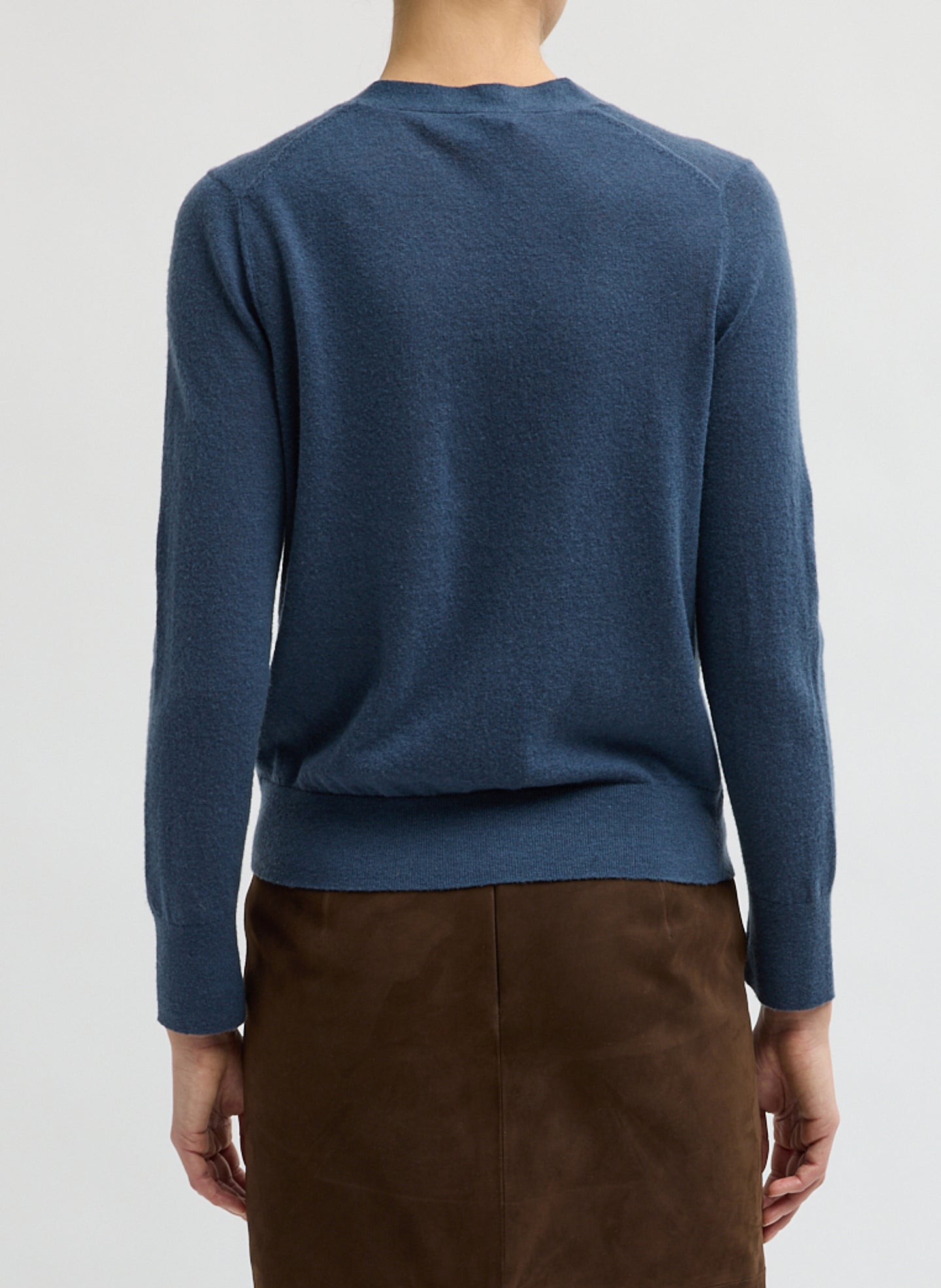 Blue Fog Skinlike Mercerized Wool V-Neck Shrunken Cardigan - back view on model