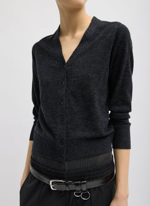 Charcoal Grey Skinlike Mercerized Wool V-Neck Shrunken Cardigan - front view on model