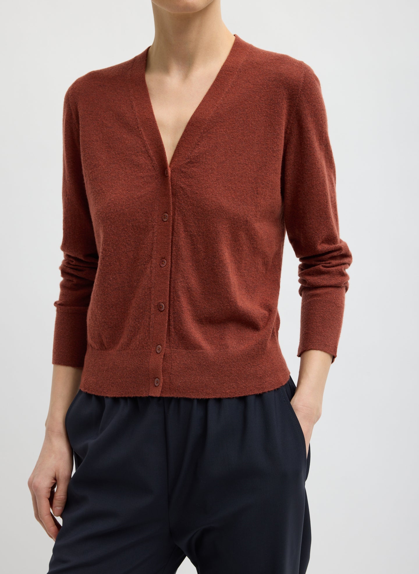 Red Clay Skinlike Mercerized Wool V-Neck Shrunken Cardigan - front view on model