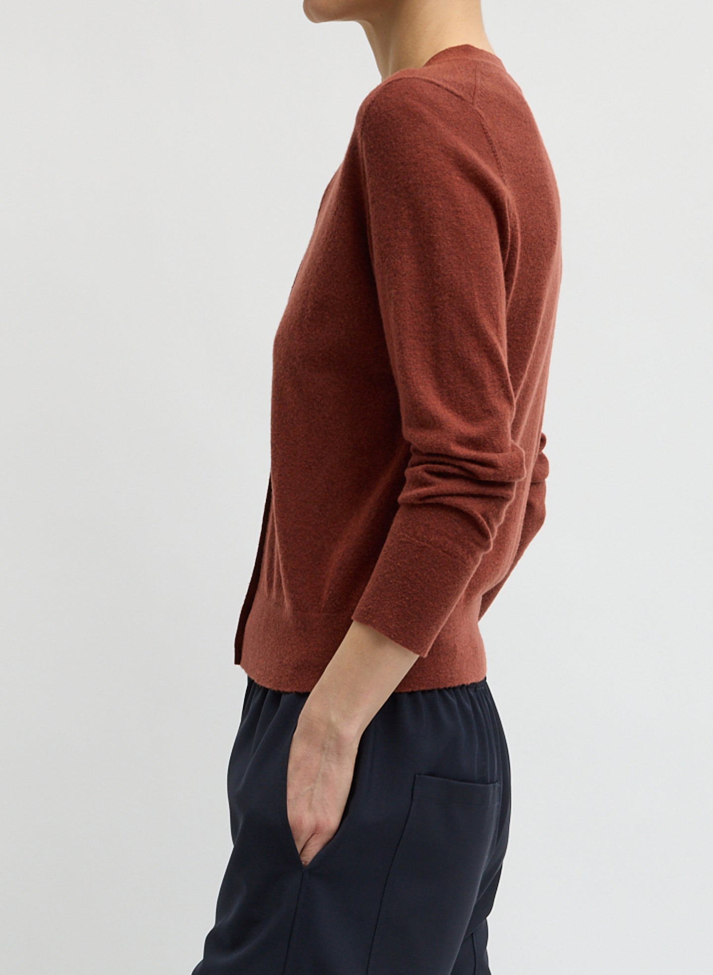 Red Clay Skinlike Mercerized Wool V-Neck Shrunken Cardigan - side view on model
