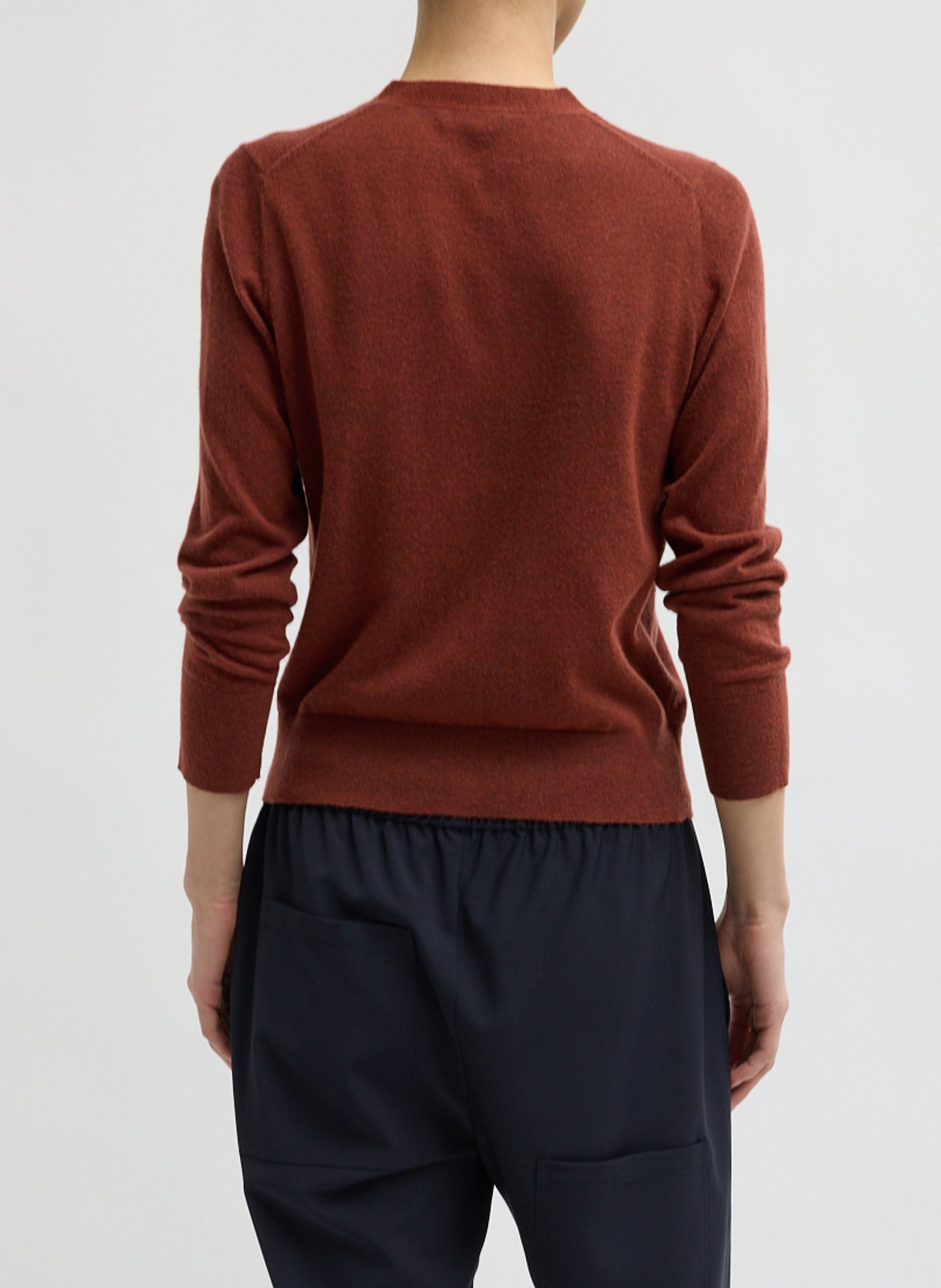 Red Clay Skinlike Mercerized Wool V-Neck Shrunken Cardigan - back view on model