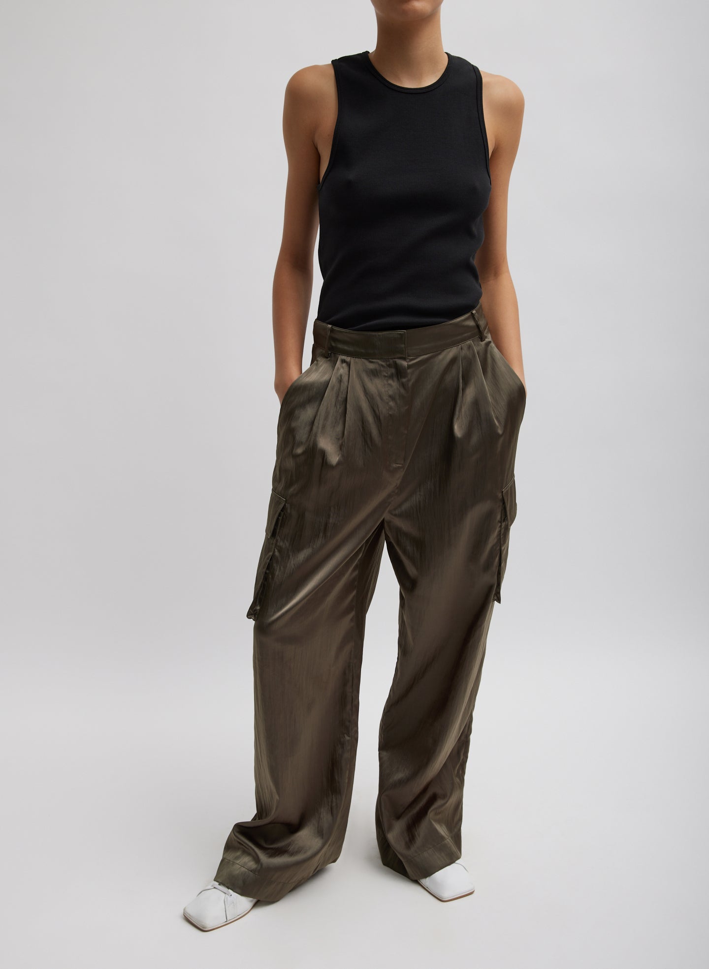 Shiny Nylon Pleated Stella Cargo Pant - Dune-1