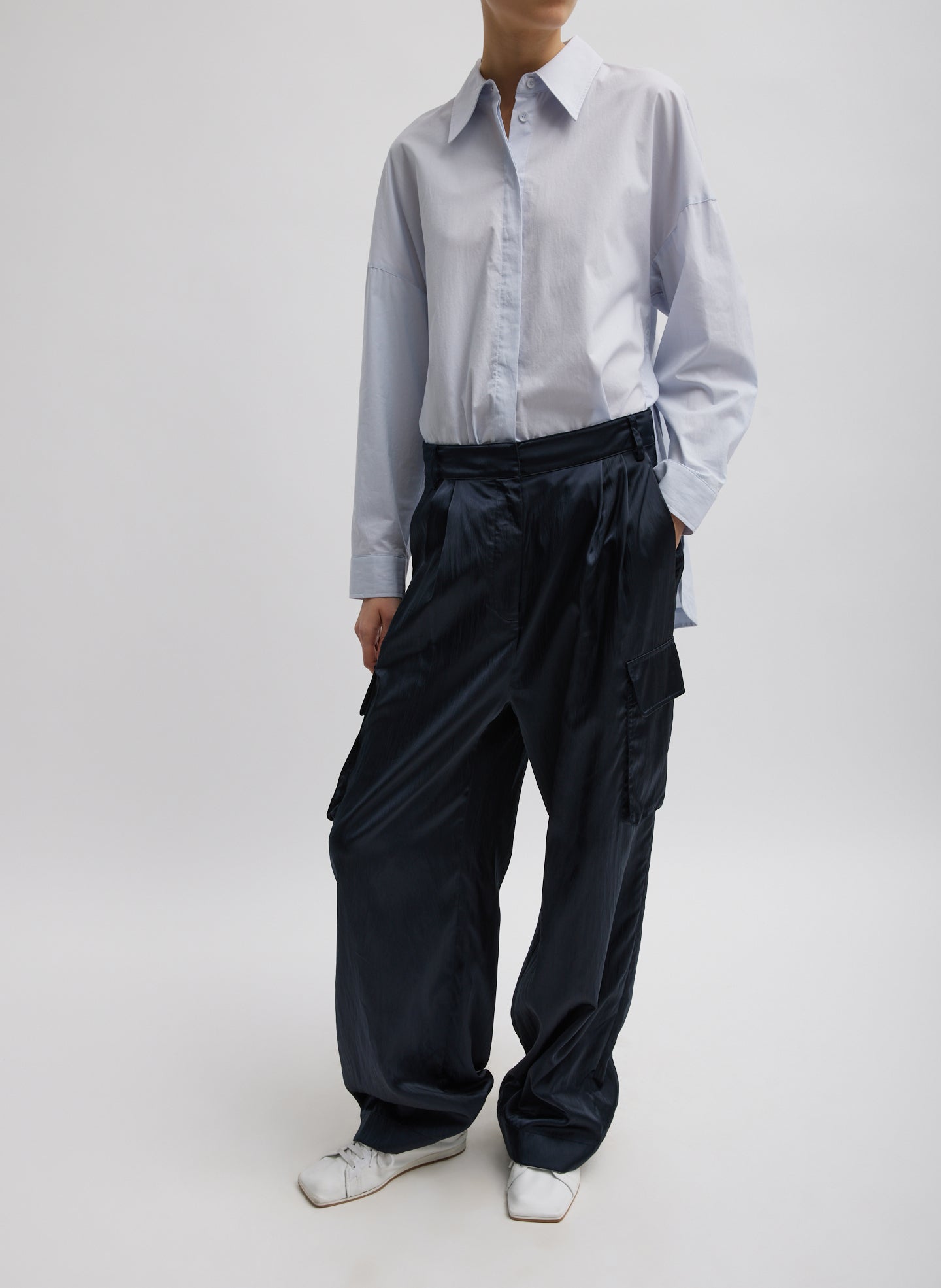 Shiny Nylon Pleated Stella Cargo Pant - Navy-1