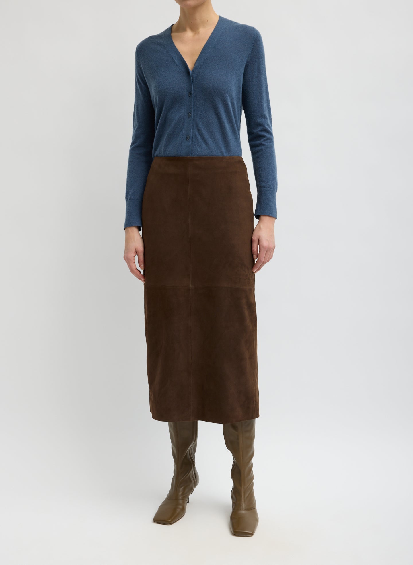 Brown Suede Pencil Skirt - suede midi skirt, front view on model