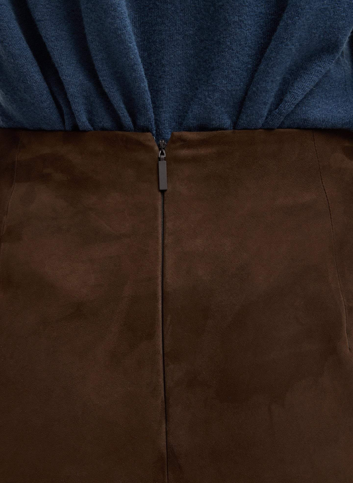 Brown Suede Pencil Skirt - closeup zip closure at back