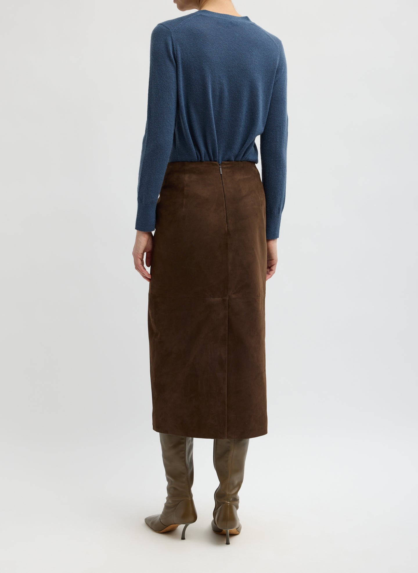 Brown Suede Pencil Skirt - suede midi skirt, back view on model
