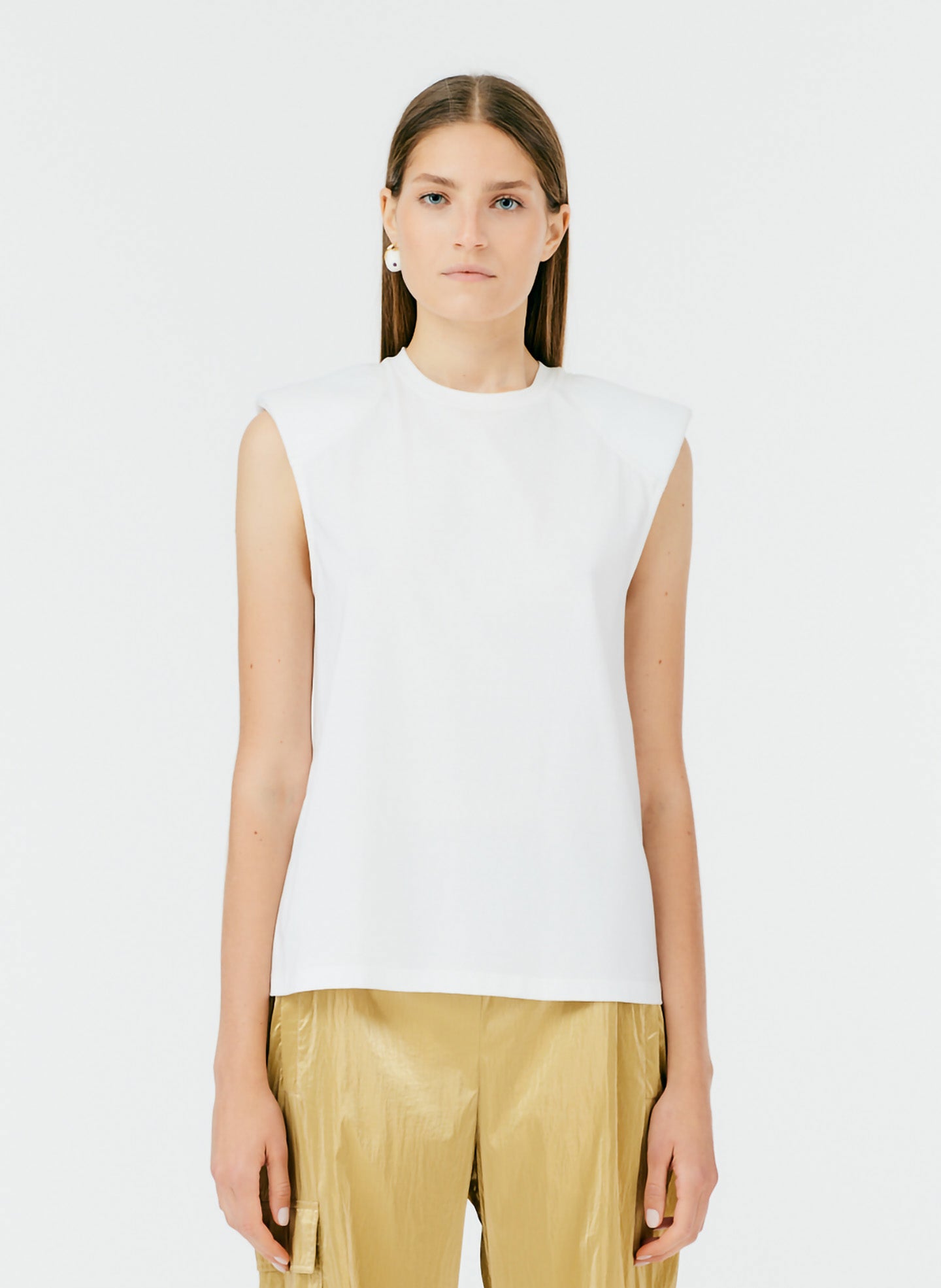 Padded Shoulder Sleeveless Top - White-1