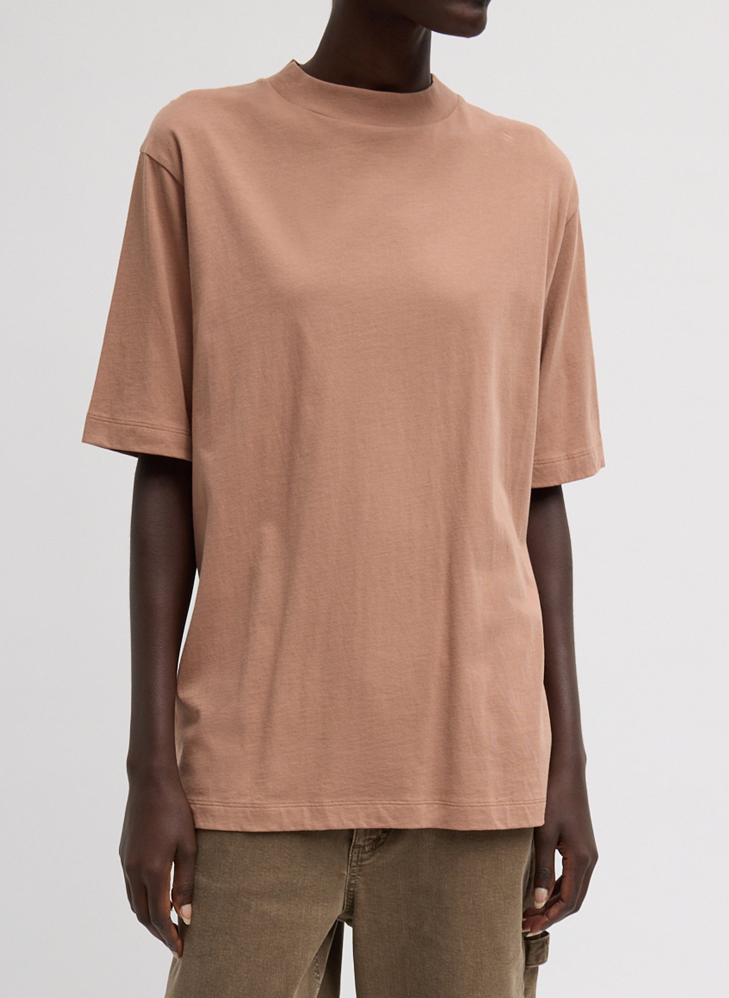 Butterscotch Mock Neck Unisex T-Shirt - oversized t-shirt, front view on model