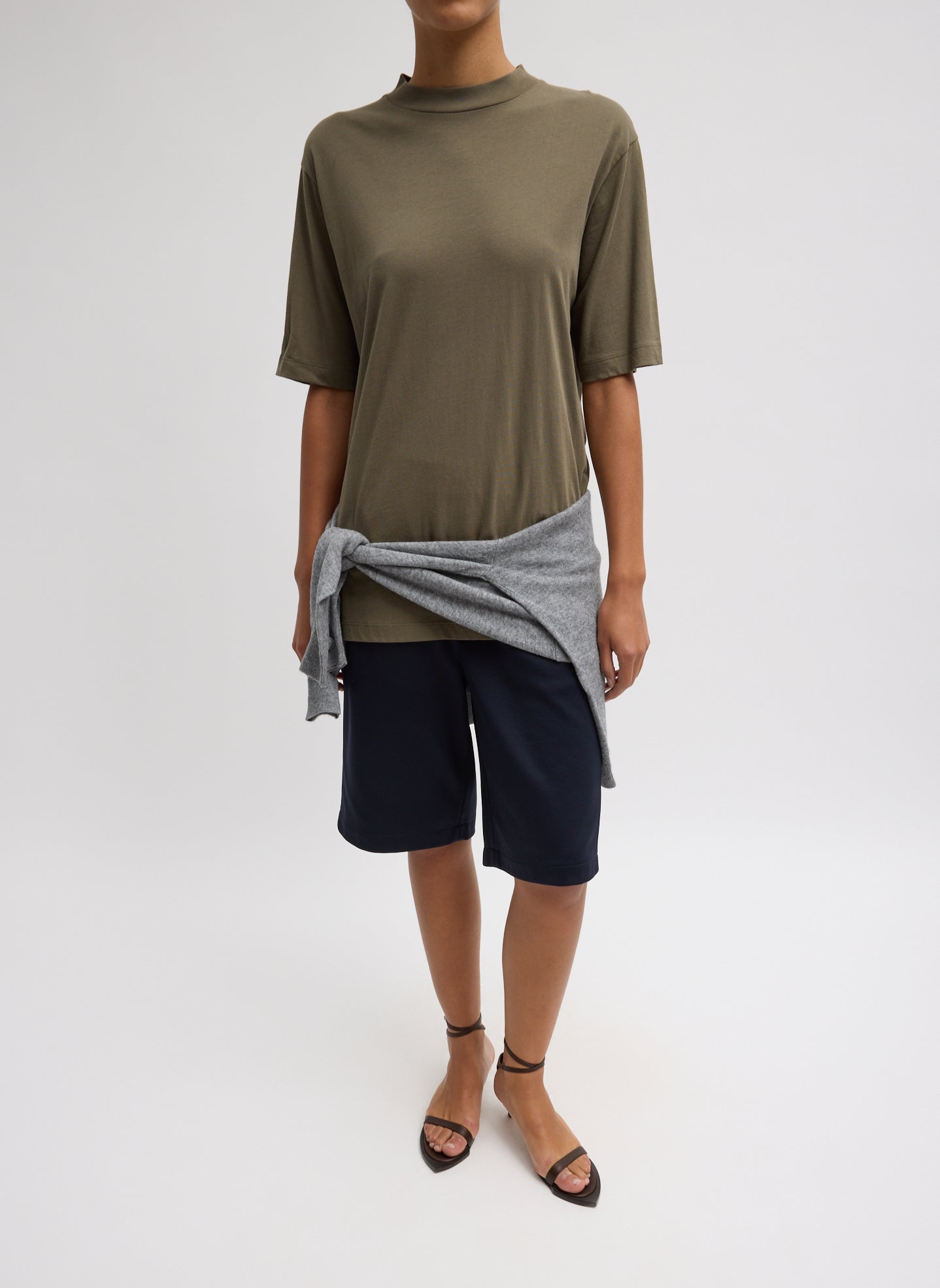Dune Olive Green Mock Neck Unisex T-Shirt - full look, front view on model