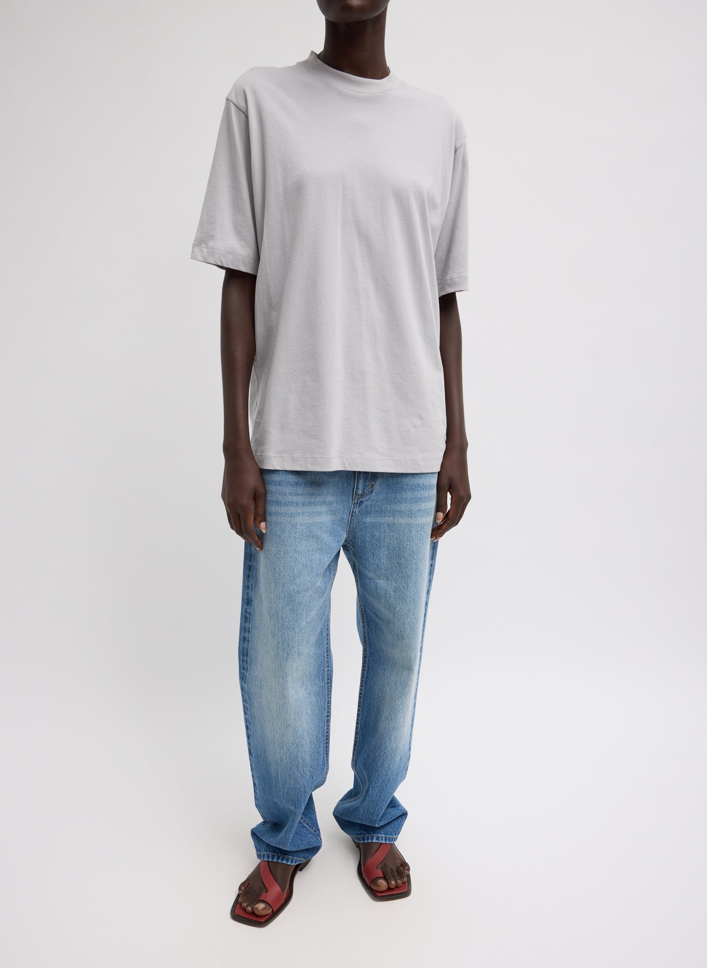 Light Grey Mock Neck Unisex T-Shirt - full look, front view on model