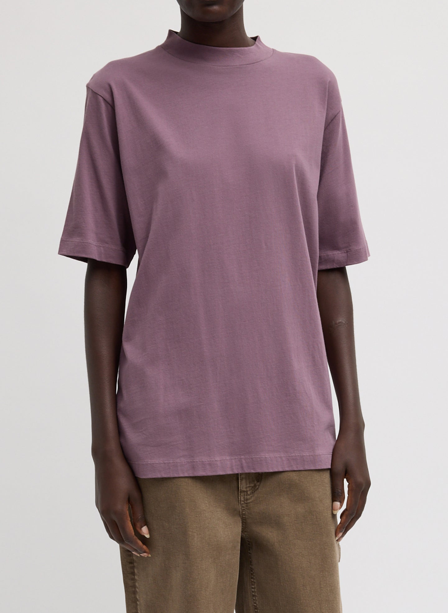 Plum Mock Neck Unisex T-Shirt - oversized t-shirt, front view on model