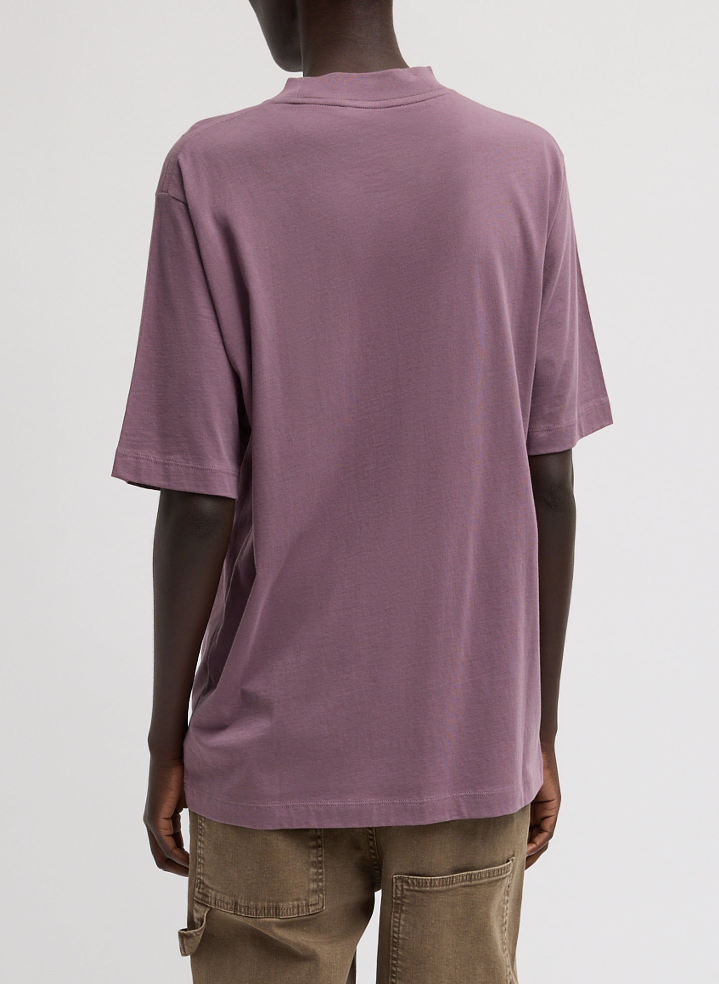 Plum Mock Neck Unisex T-Shirt - oversized t-shirt, back view on model