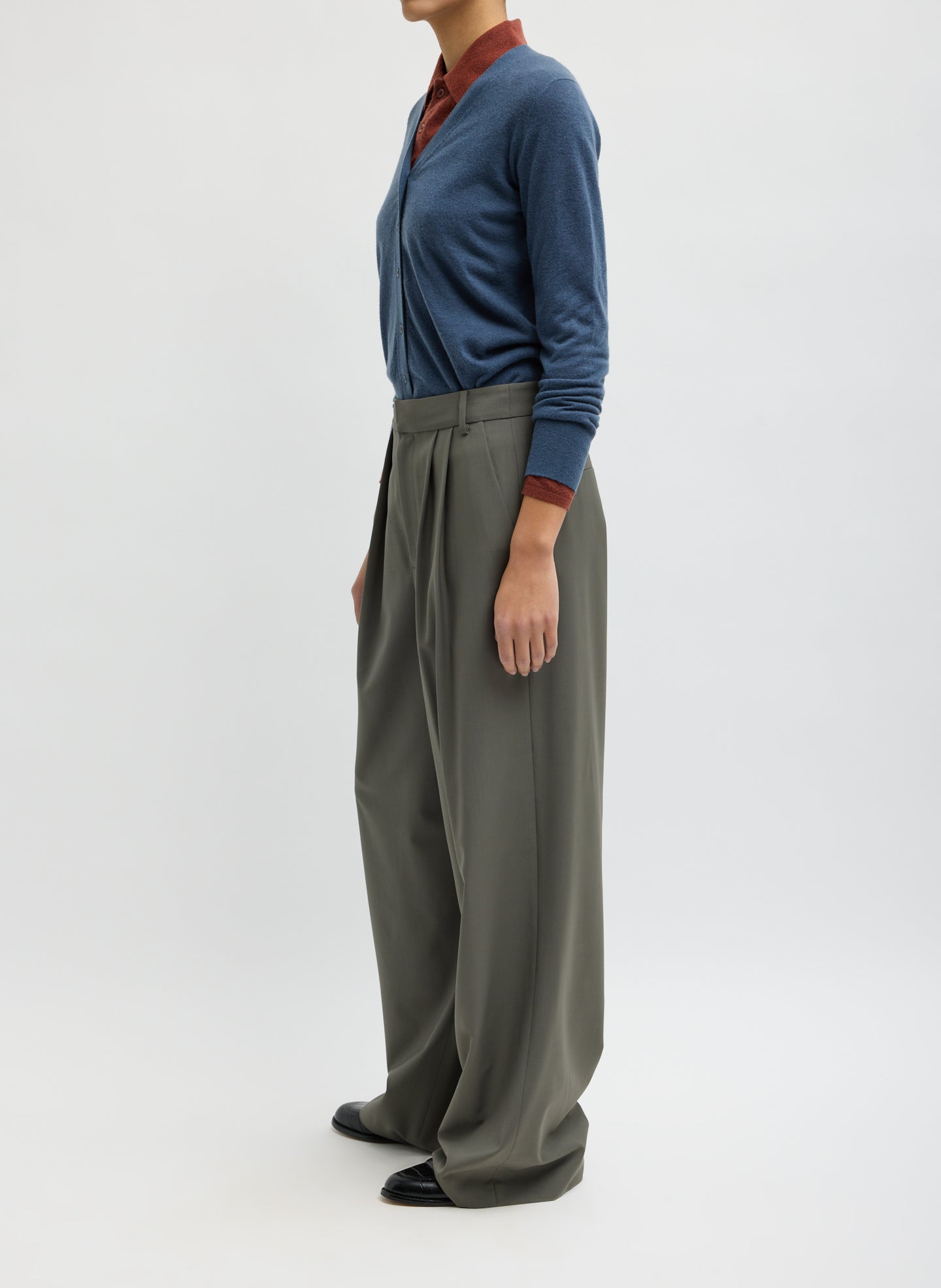Dark Stone Grey Tropical Wool Stella Pant - trousers, side view on model