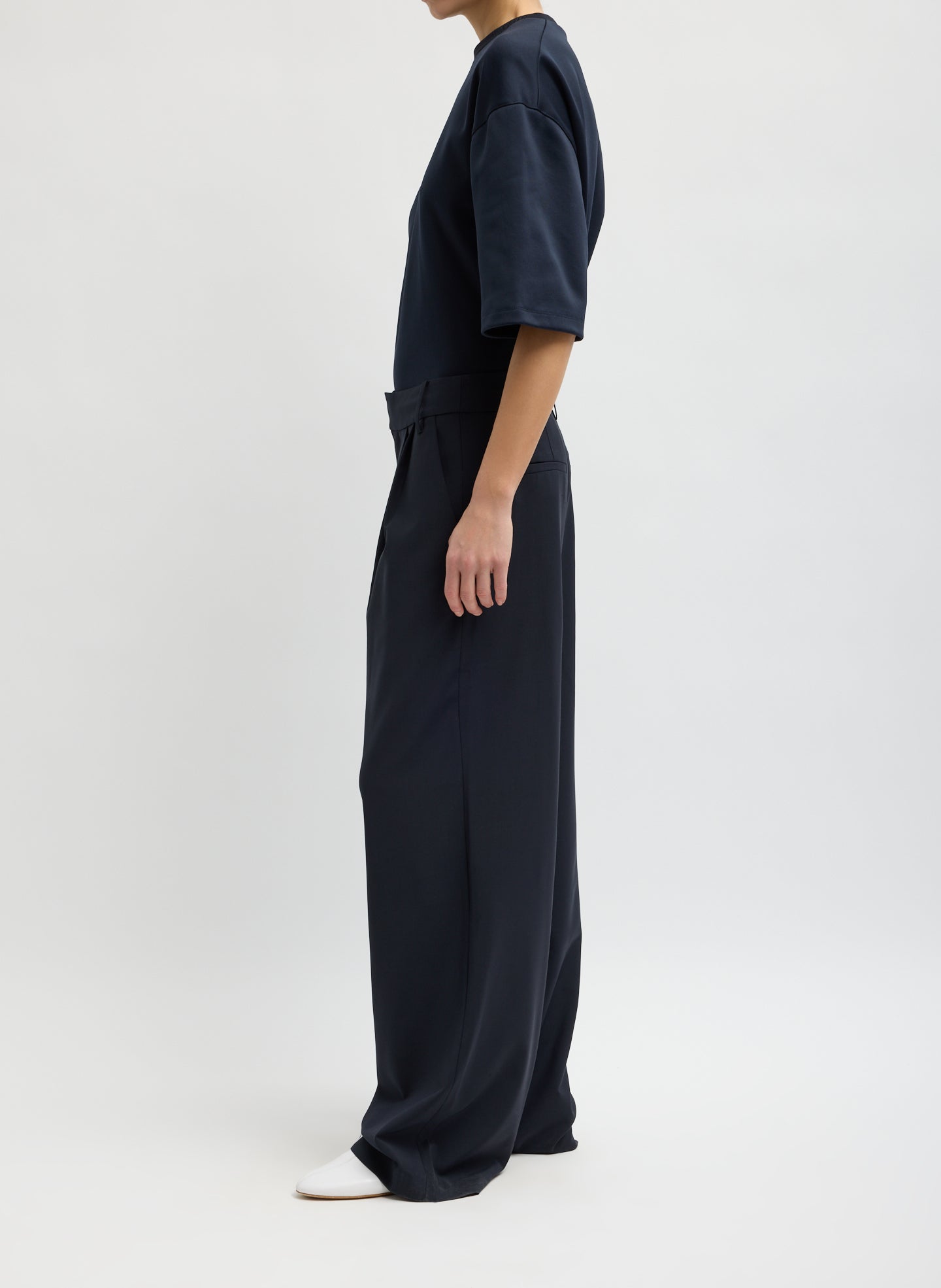 Navy Tropical Wool Stella Pant - trouser, side view on model