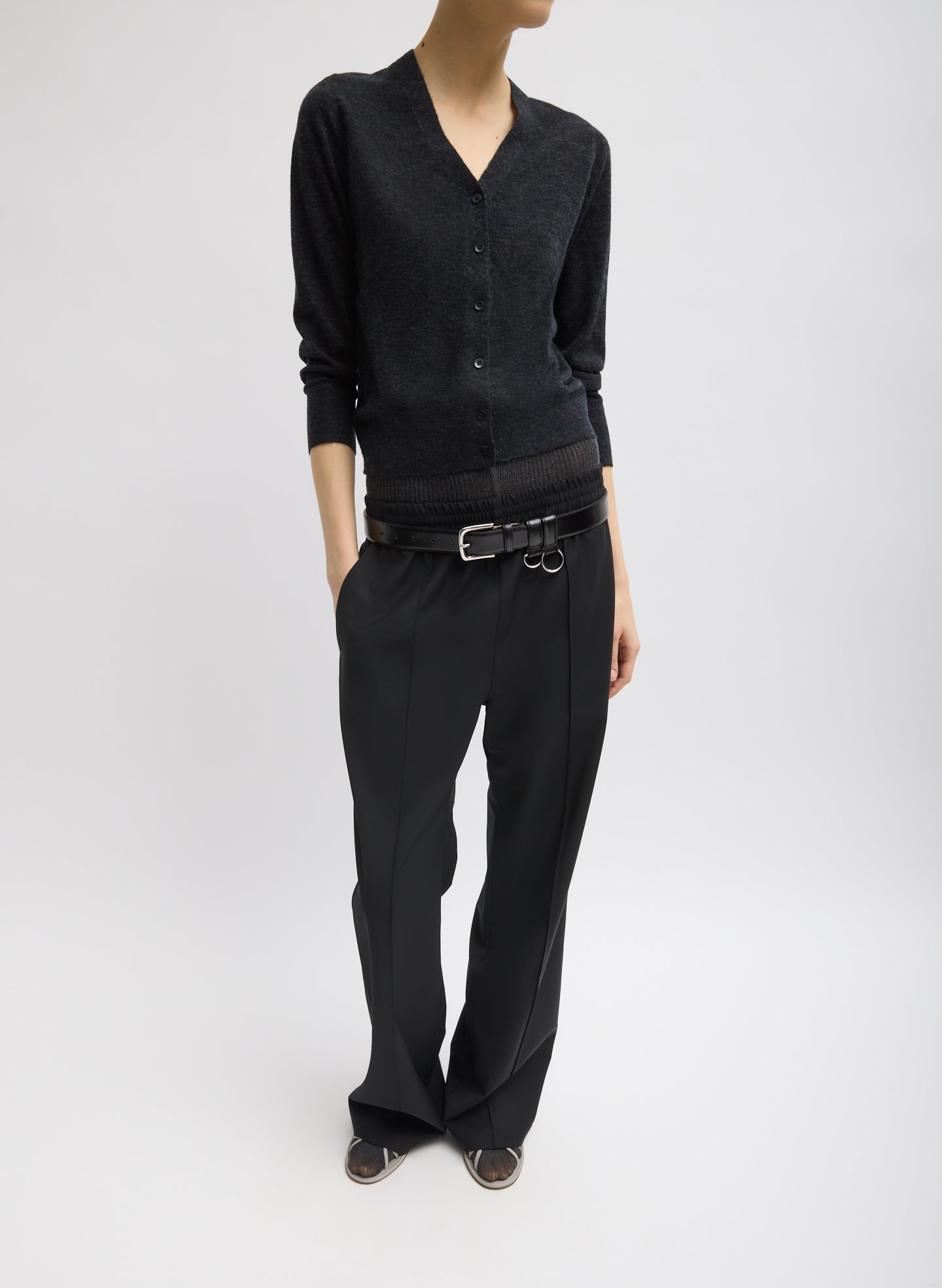 Black Tropical Wool Scottie Jogger - pull on trousers, front view on model