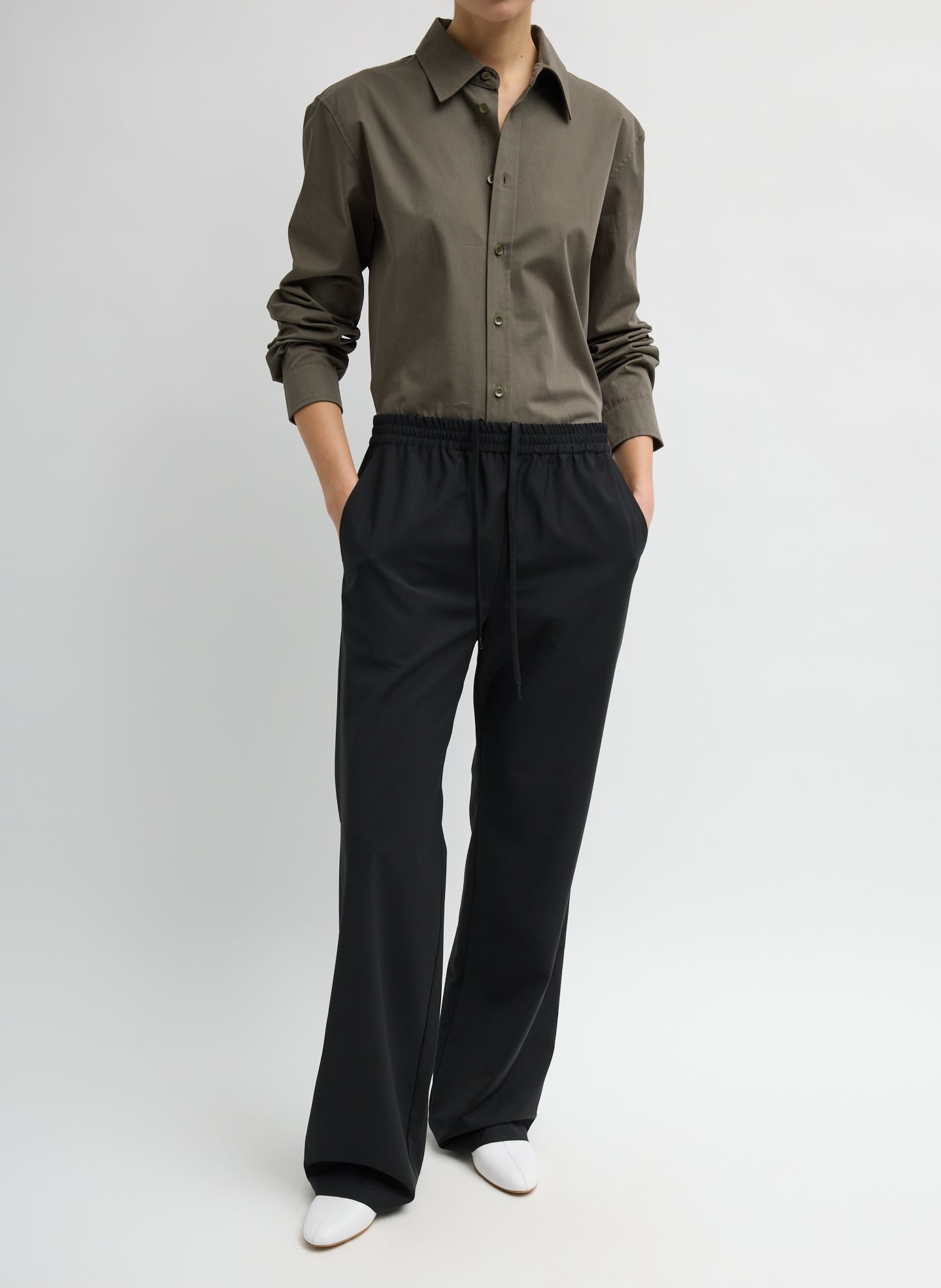 Black Tropical Wool Charles Trouser - pull on pant, front view on model
