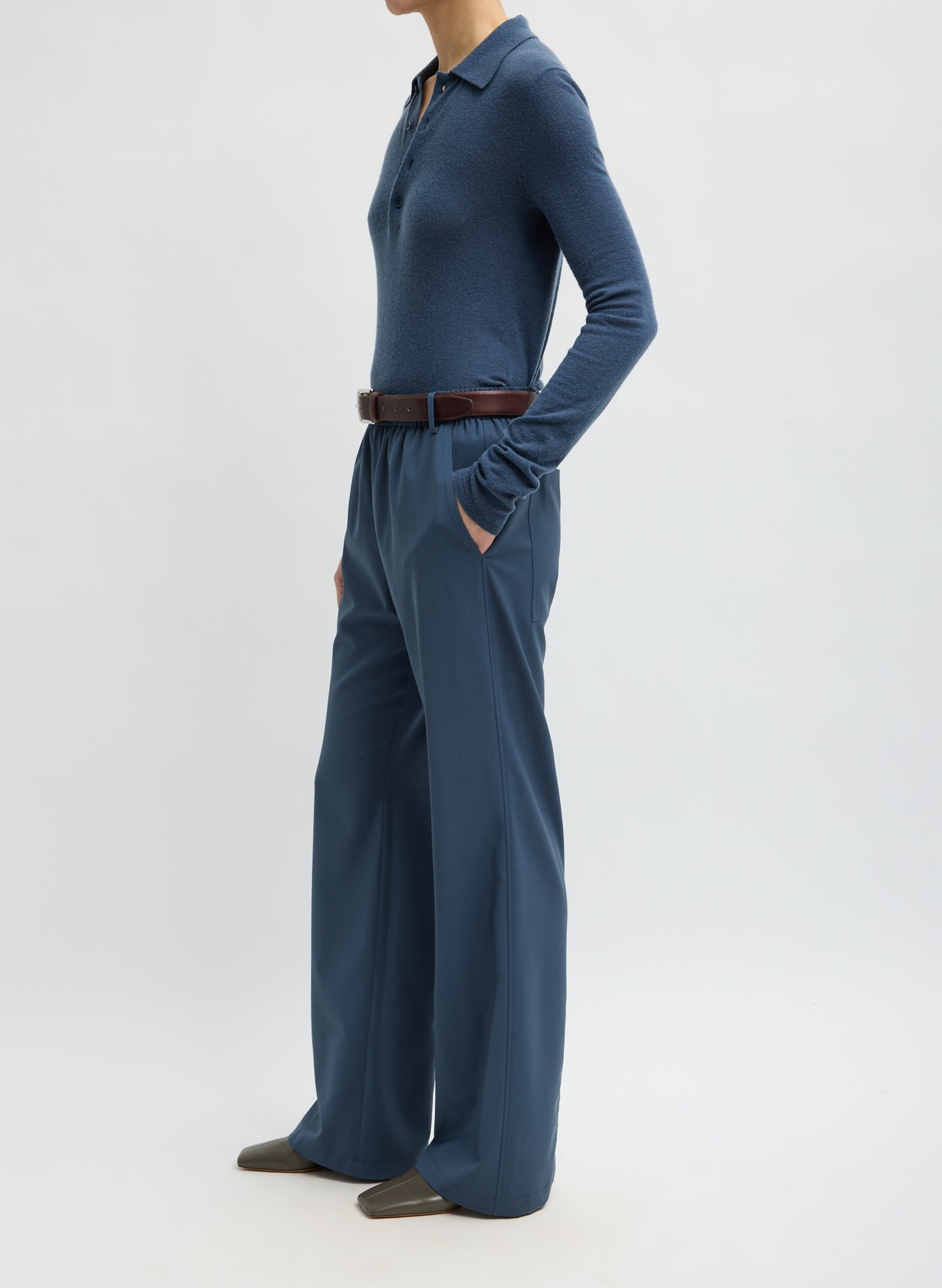 Blue Fog Tropical Wool Charles Trouser - pull on trouser, side view on model