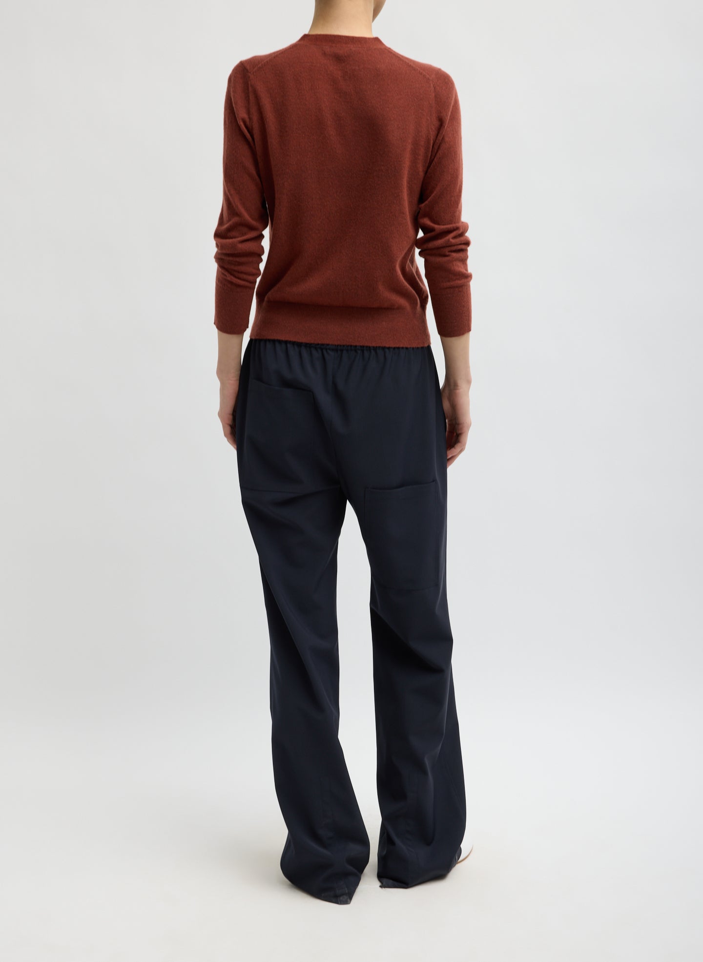 Navy Tropical Wool Charles Trouser - pull on trouser, back view on model