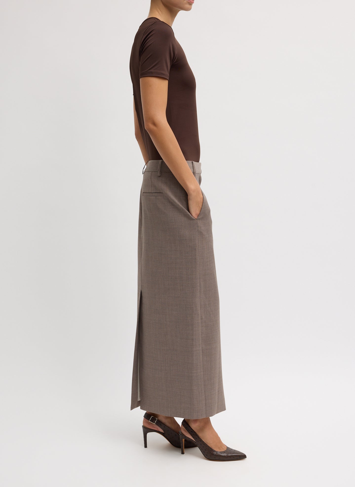Cedar Melange Tropical Wool Maxi Trouser Skirt - side view on model