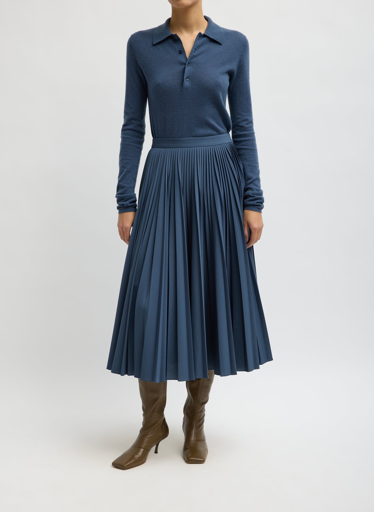 Blue Fog Tropical Wool Pleating Sunray Skirt - pleated midi skirt, front view on model