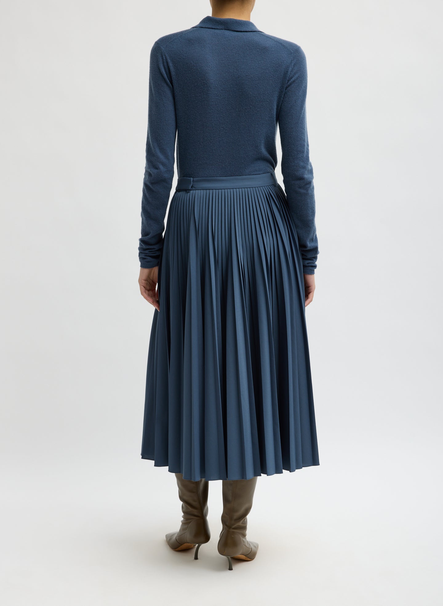 Blue Fog Tropical Wool Pleating Sunray Skirt - pleated midi skirt, back view on model