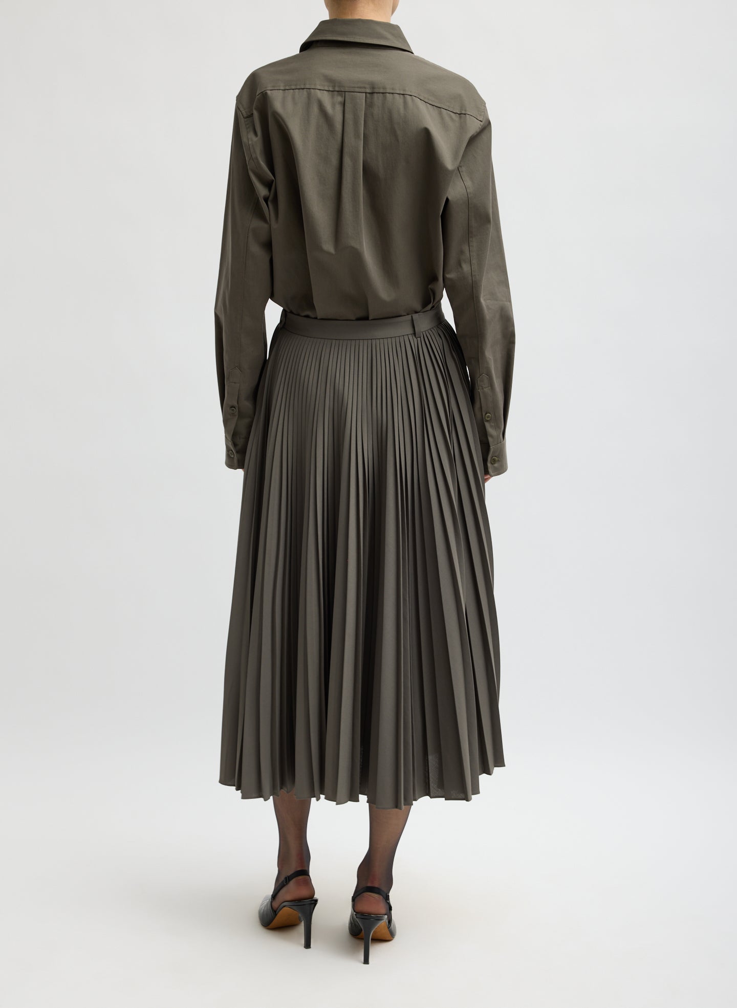 Dark Stone Grey Tropical Wool Pleating Sunray Skirt - pleated midi skirt, back view on model